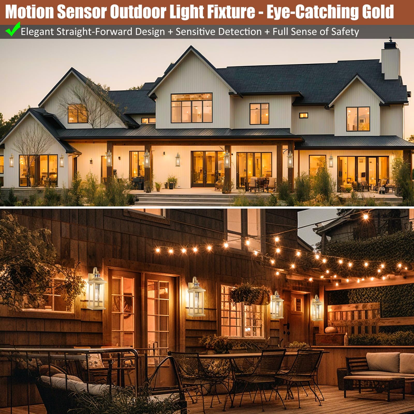 Roravilila 2-Pack Gold Outdoor Motion Sensor Lights, 18 Inch Waterproof Brass Lanterns, IP65, Wall Mounted