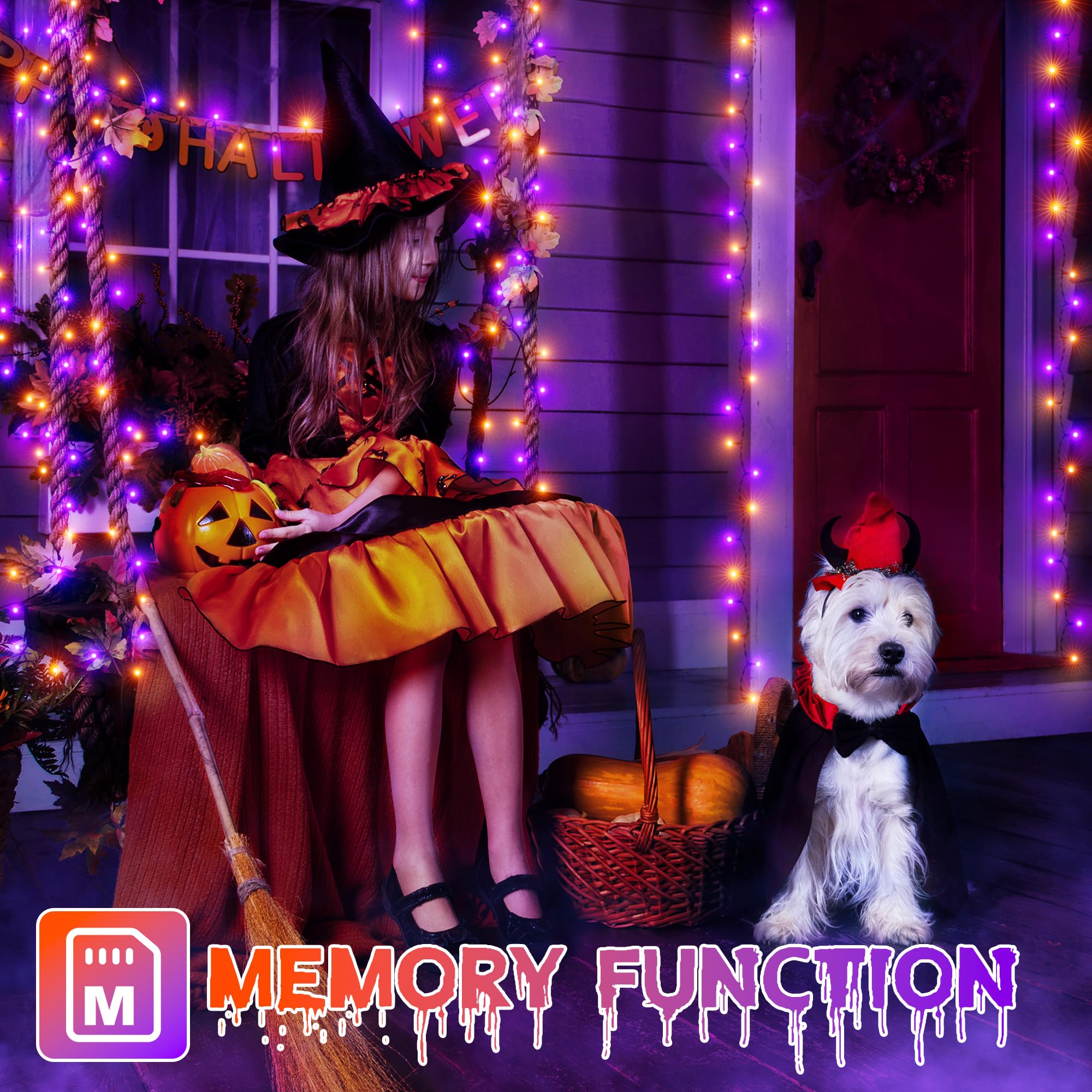 Ollny Halloween Lights Outdoor, 300 Led 100Ft Orange And Purple Halloween Decorations With 8 Modes Timer, Plug In Halloween Stri