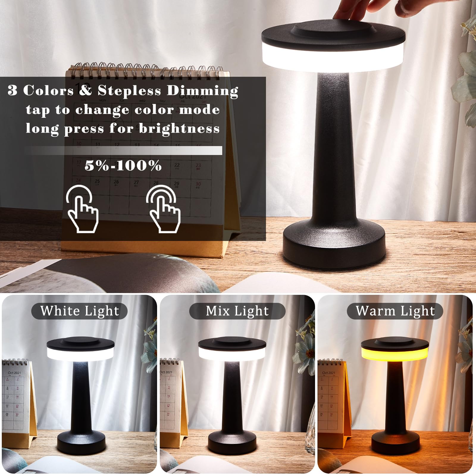 VIHOSE Cordless Table Lamp - 12 Pcs LED, Touch Sensor, 3 Color Dimming, Rechargeable, Black, Model ANB-VIHOSE-2788