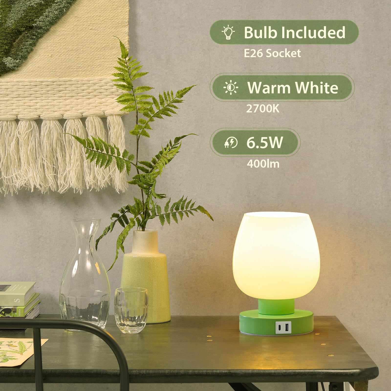 Touch Bedside Table Lamp With Usb Charging - Modern Green Small Lamp For Bedroom Living Room Nightstand, Desk Lamp With Glass La