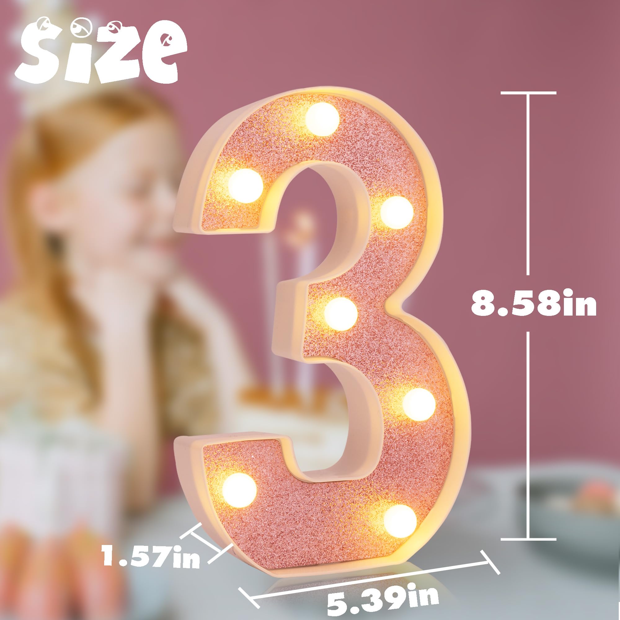 DyingSwan LED Marquee Number Light, 8.58 Inch, Pink Glitter, Battery Powered, Table Decor, Number 3
