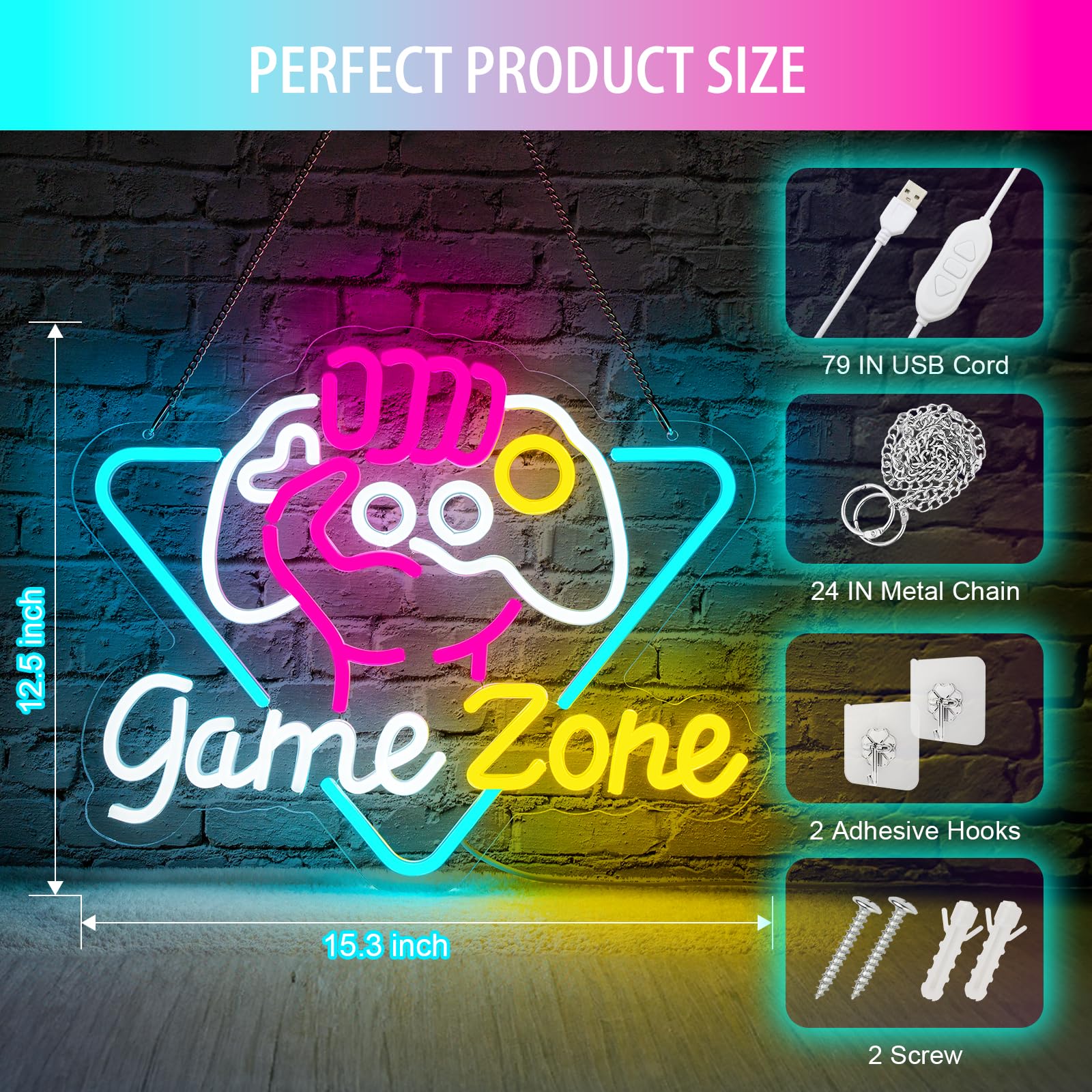 Basaneon Neon Sign for Gamers, Dimmable LED Light, 15.3in x 12.5in, USB Powered, B-Game Zone, Model ZF-Game Zone