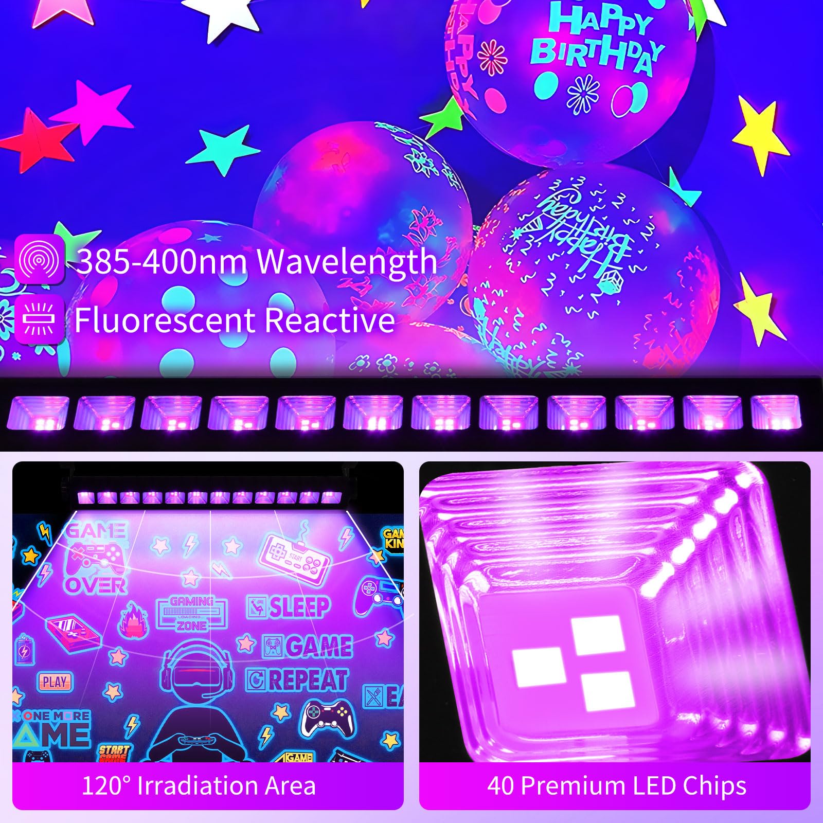 4 Pack 45W Black Light Bar Ip66 Waterproof With 6Ft Cord+Switch, Each Light Up 25X25Ft Area, Led Outdoor Blacklight Flood Light For Glow Party Body Paint Fluorescent Poster Classroom Bedroom Halloween