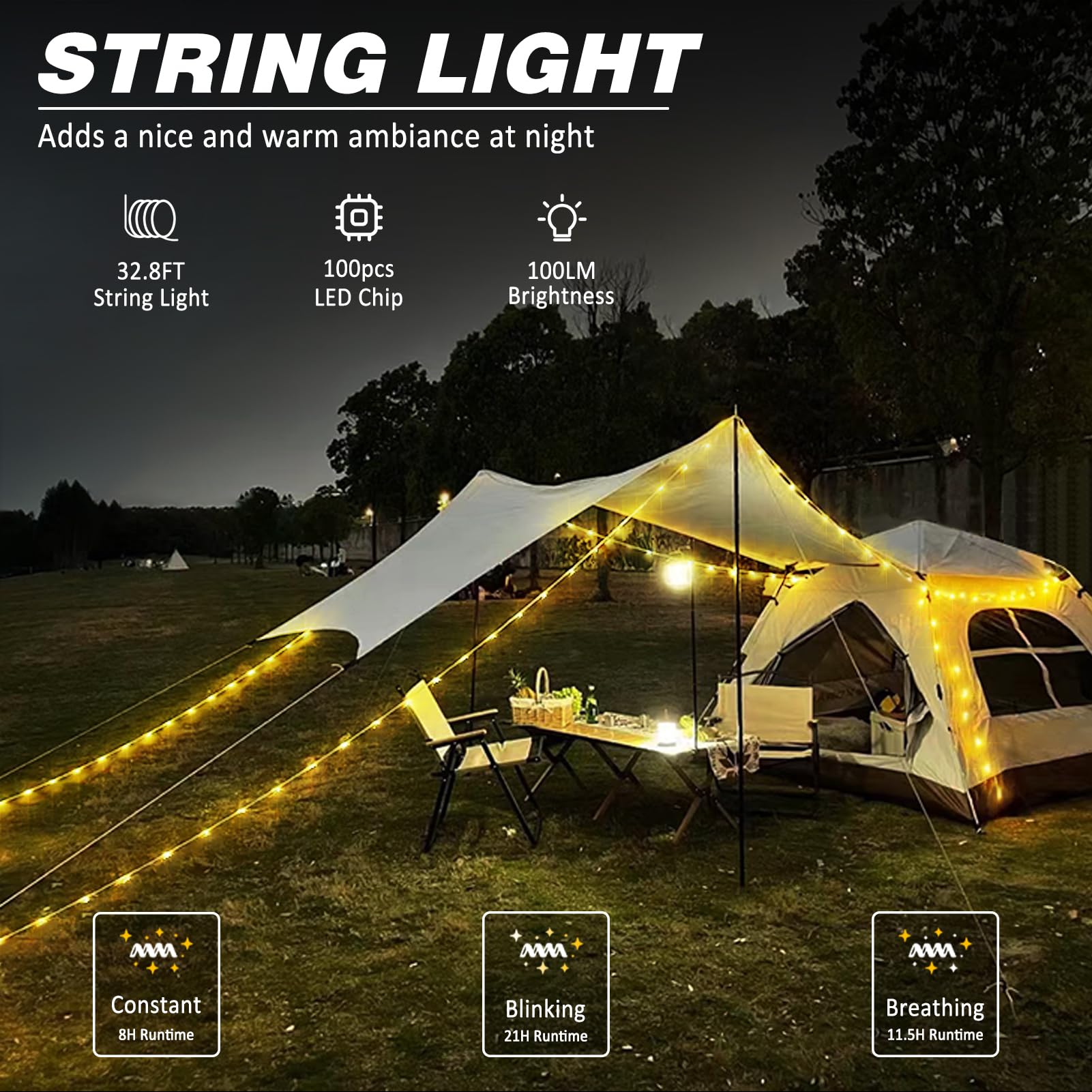 DIBMS 1-Pack Camping String Light, 32.8FT Waterproof LED for Outdoor Party, Warm White, Model PEC00593-DI