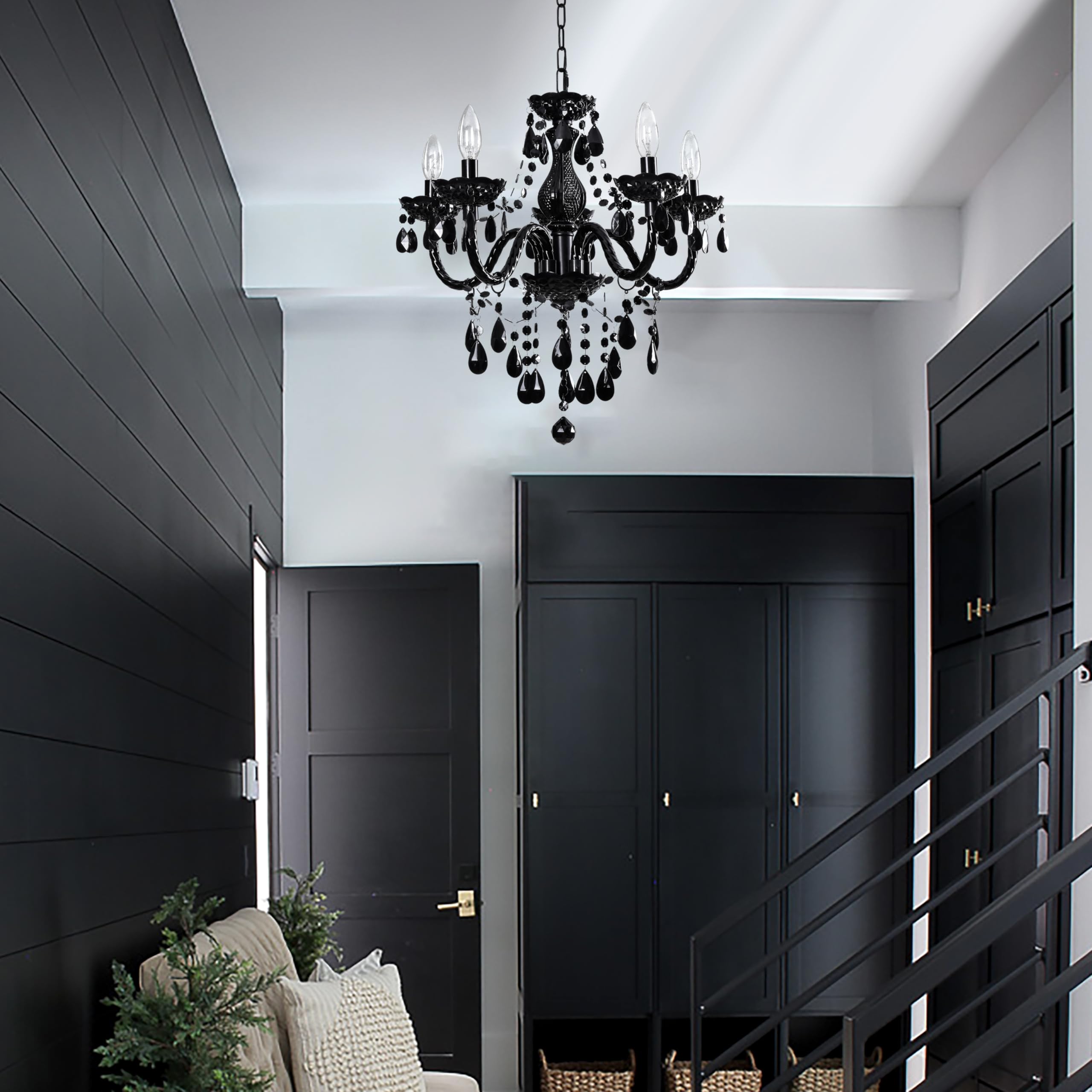 Black Modern 5-Light Crystal Chandelier Acrylic Hanging Pendant Light With Plug-In Cord & Switch, 19X19.7 Inch For Kitchen Islan