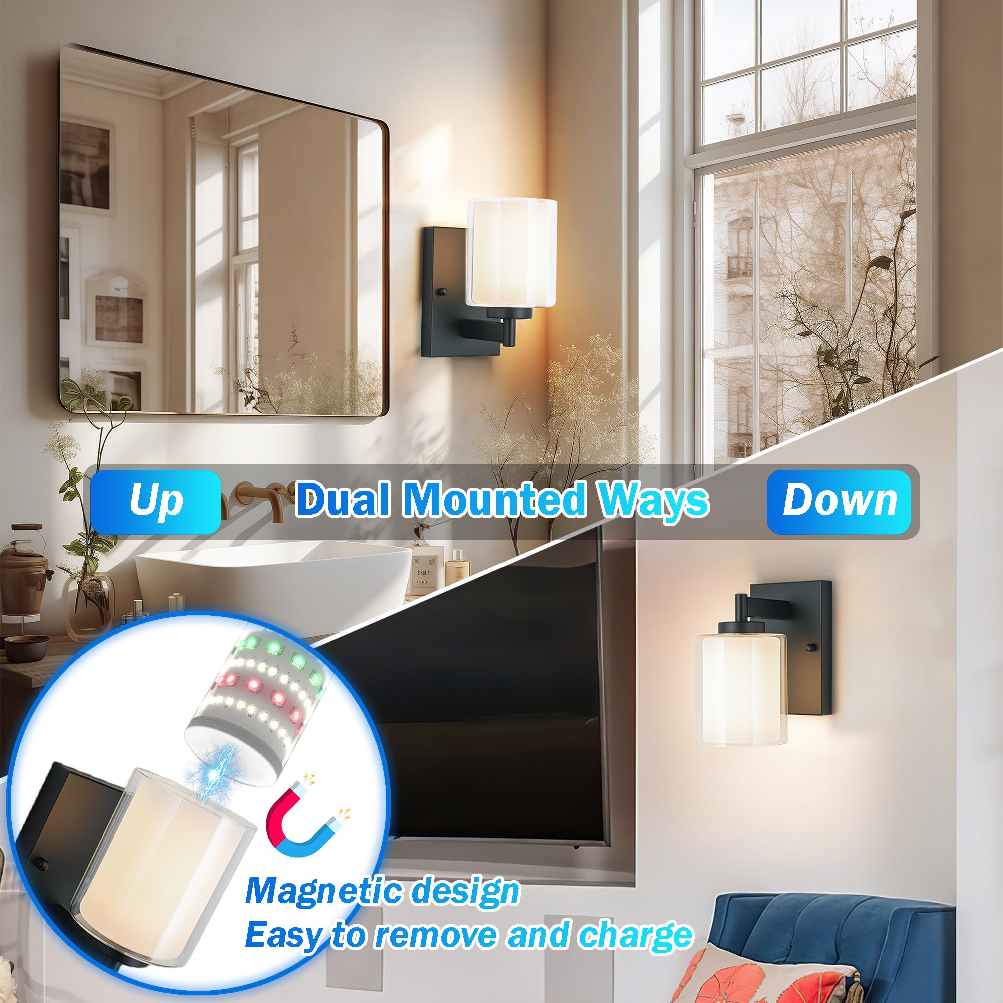 Battery Operated Wall Sconce Set Of 2, 10000Mah Wireless Rechargeable Wall Sconce With Remote Control, Rgb Dimmable Bathroom Lig