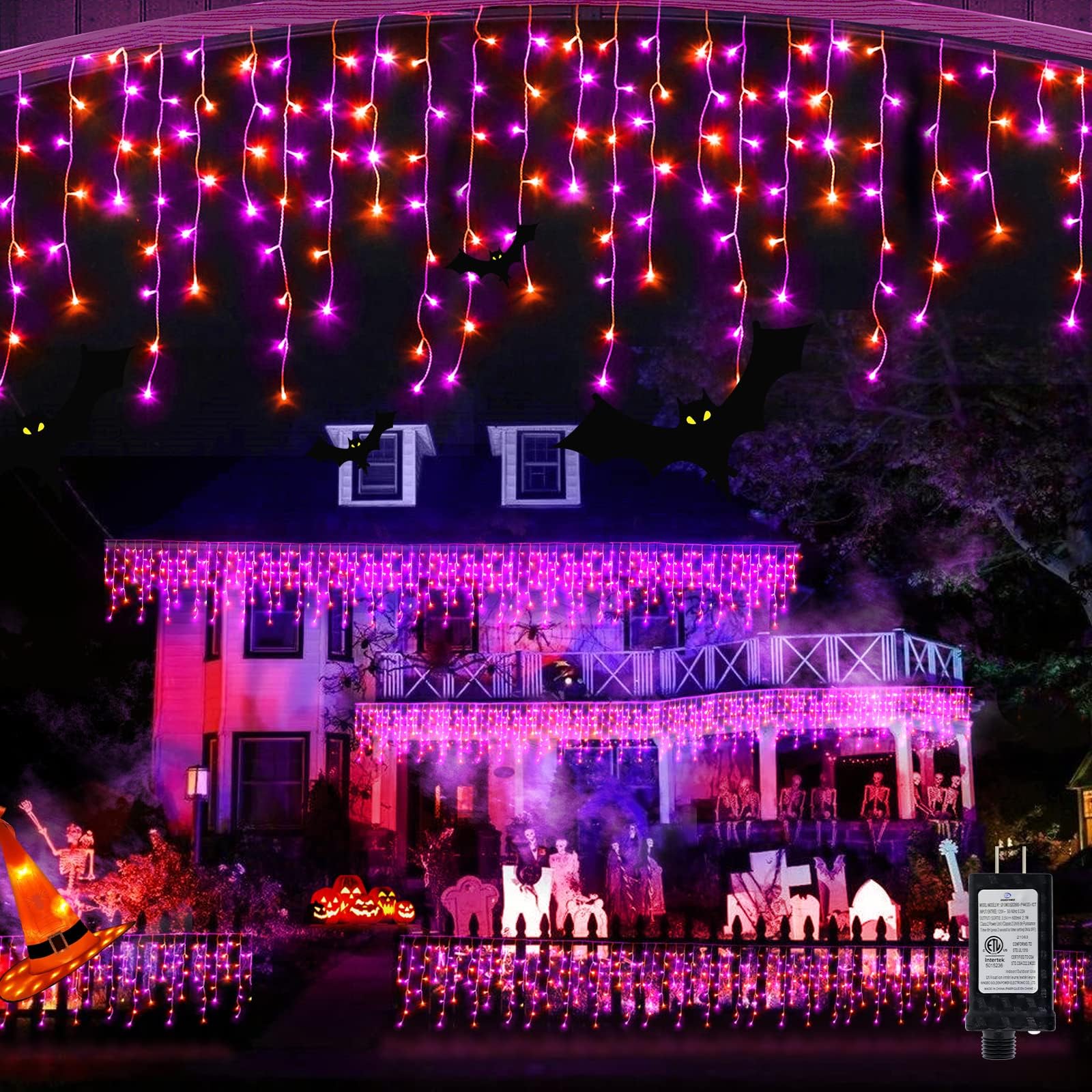 JXLEDAYY 65 FT 640 LED Halloween Lights Outdoor Decorations Clear Wire String Lights Plug in 120 Drops 8 Modes Memory Timer Curt