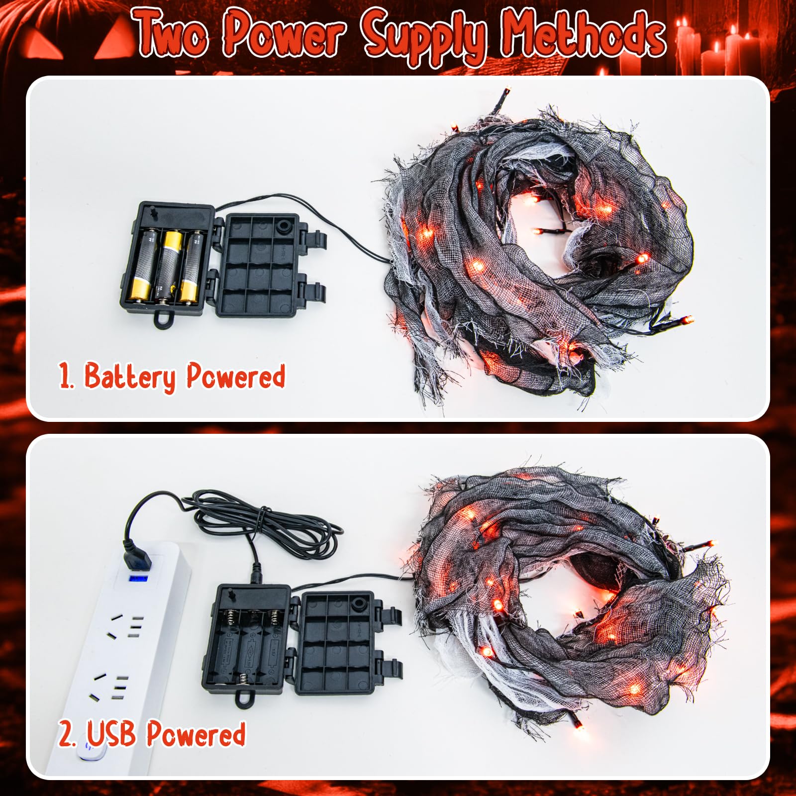 FFZZKJ Halloween String Lights - 30LED, 9.9FT, Orange, Battery/USB Powered, 8 Modes, Black Cloth Garland, Indoor/Outdoor Decor