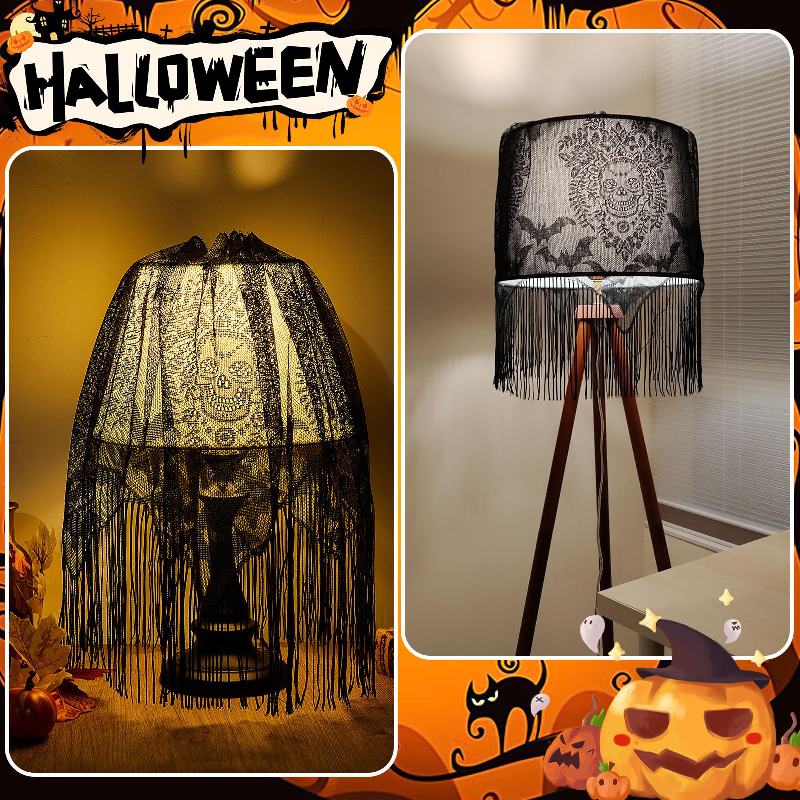 Baquler 2 Pcs Halloween Lamp Shade Cover Black Lace Lampshades Bat Skull Halloween Decorations For Halloween Party Supplies