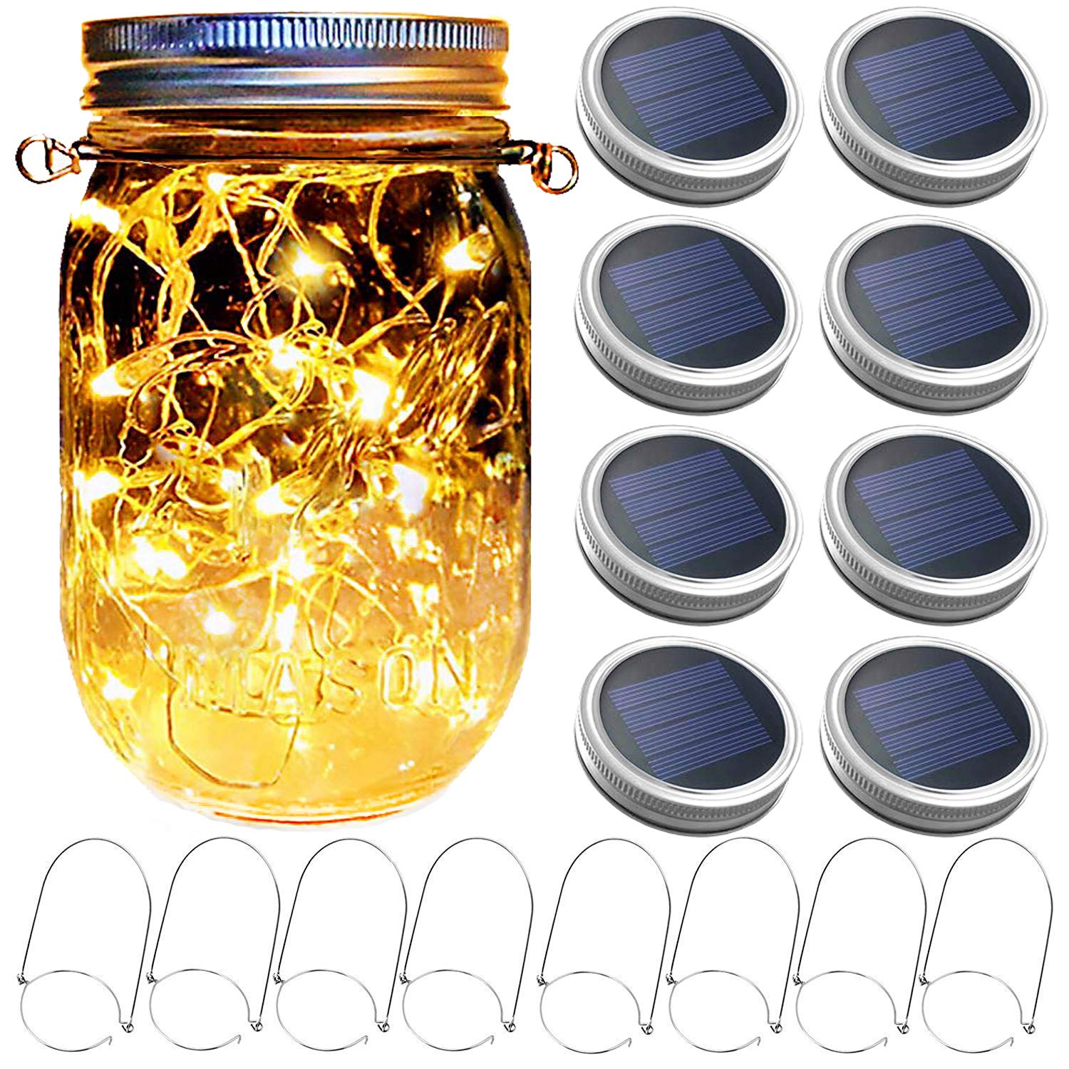Yitee Mason Jar Solar Lantern Lights, 8 Pack 30 Led Fairy Firefly Lights For Garden Decor