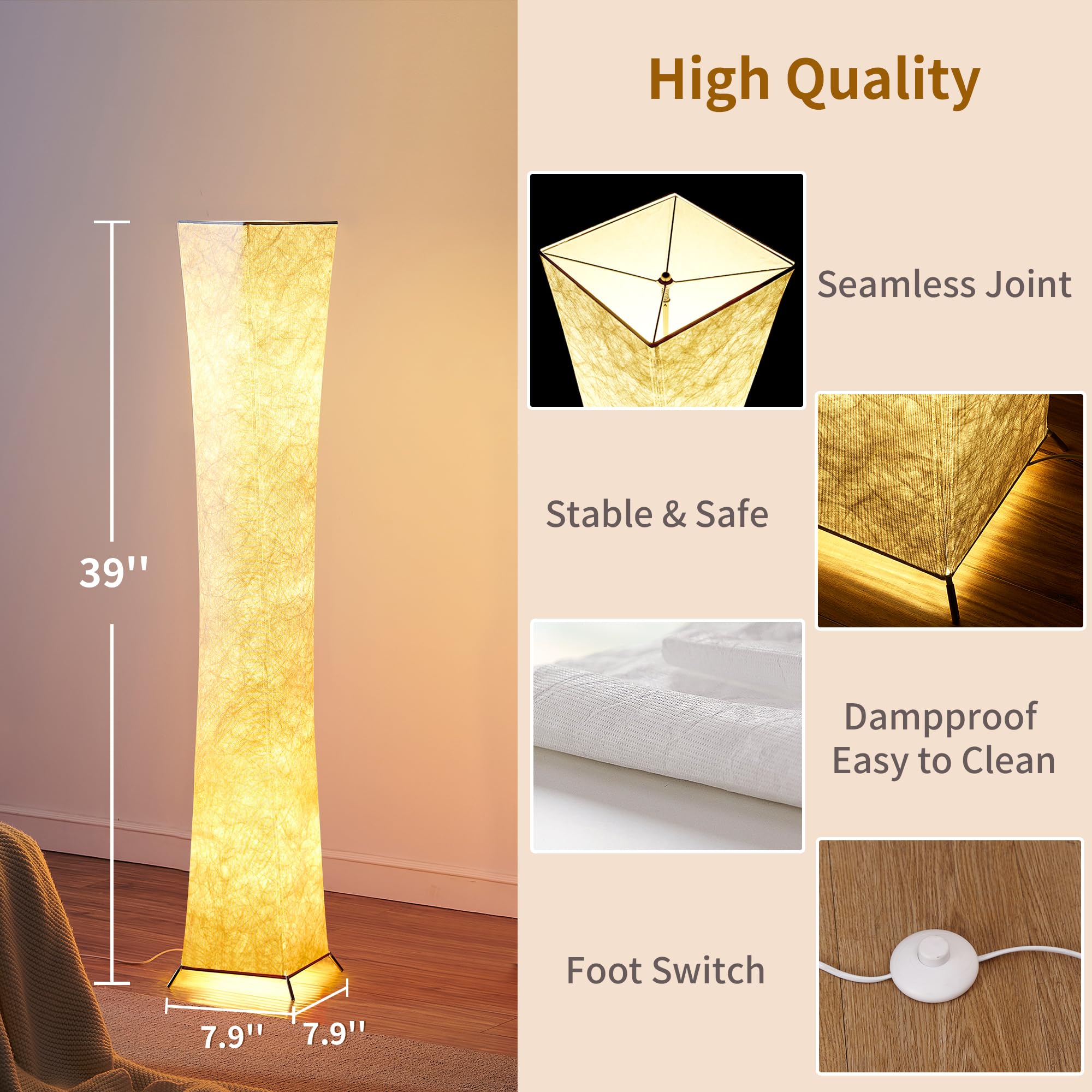 chiphy Dimmable Floor Lamp, 52" Tall, Alloy Steel, 3-Level Brightness, White Fabric Shade, Model SF211-107(A)