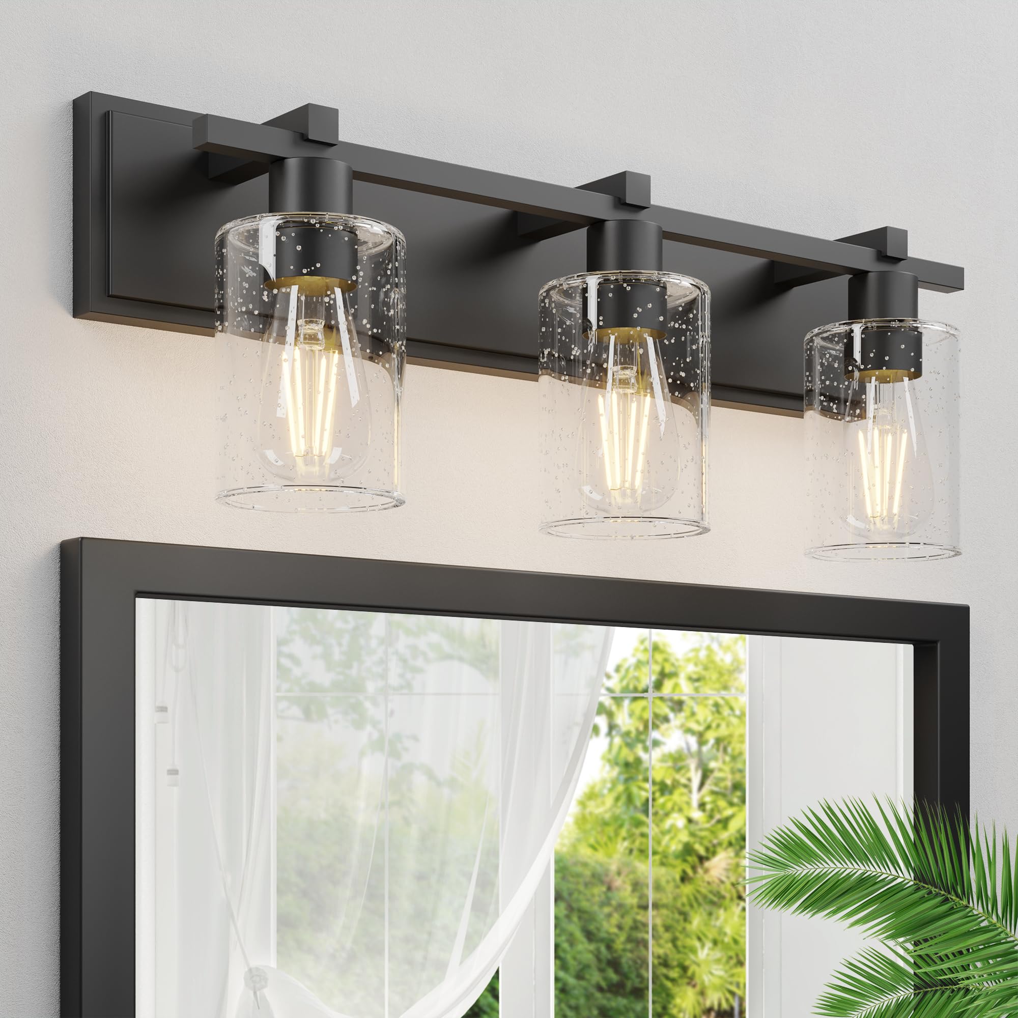 Espird Bathroom Vanity Light,3 Light Matte Black Light Fixture With Thickened Seeded Glass Shade, 24 Inch Modern Wall Sconce,Van