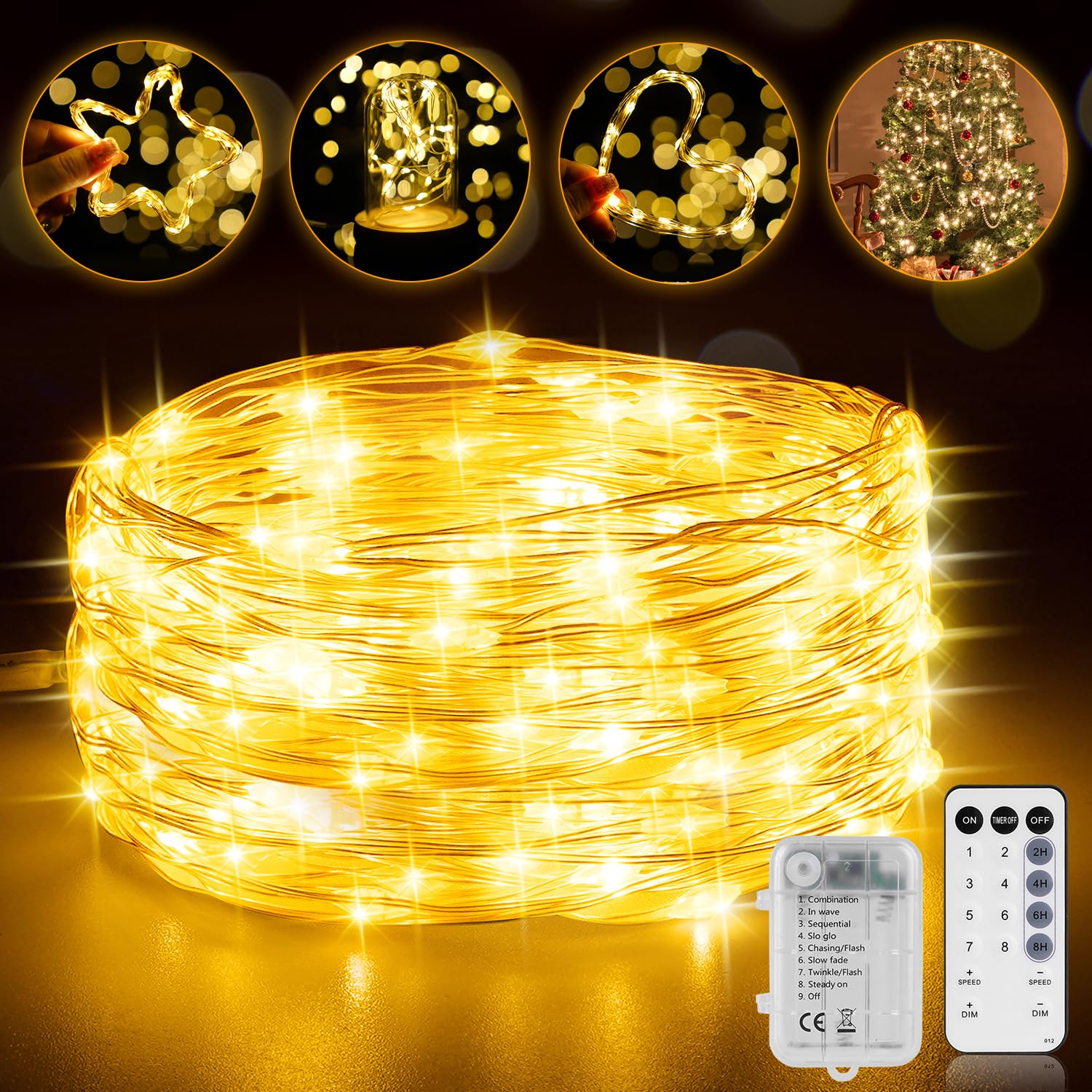 StarryEver 33FT 200 LED Fairy Lights Battery Operated with Timer & Remote, 8 Modes Dimmable Twinkle Lights, Waterproof Warm Whit