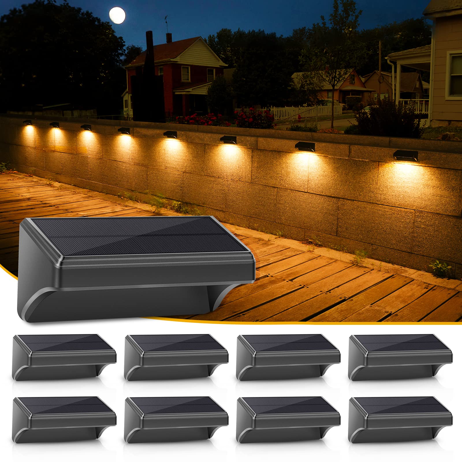 Aulanto Solar Fence Lights 8 Pack-Plus, 100 Lumen IP65 Waterproof, Warm White & RGB Modes for Outdoor Use