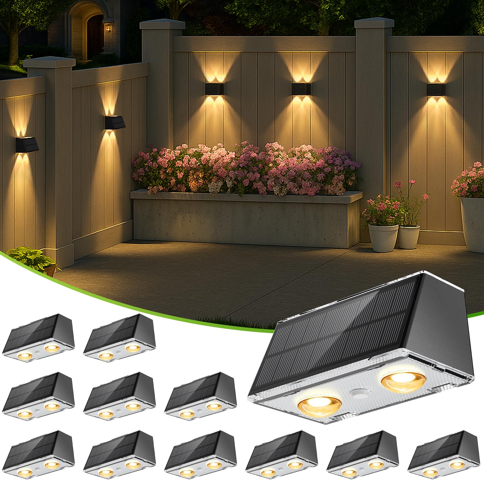 LANSOW Solar Fence Lights, 12 Pack Waterproof Up-Down LED, 9 Modes, Black