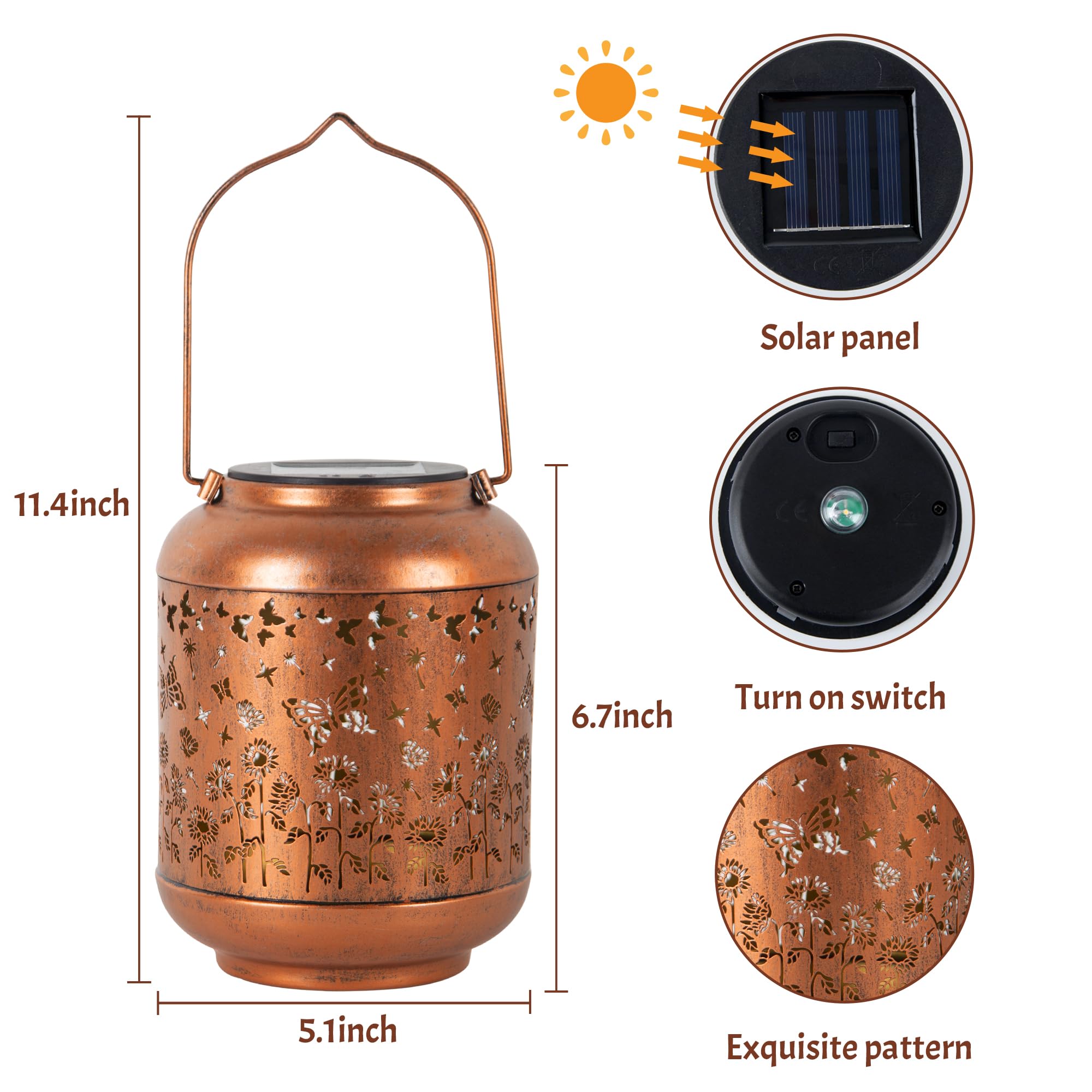 anytalk Outdoor Solar Lantern - Waterproof Hanging Lantern for Garden, Iron, Butterfly, Model Deco&Dot-Lantern B