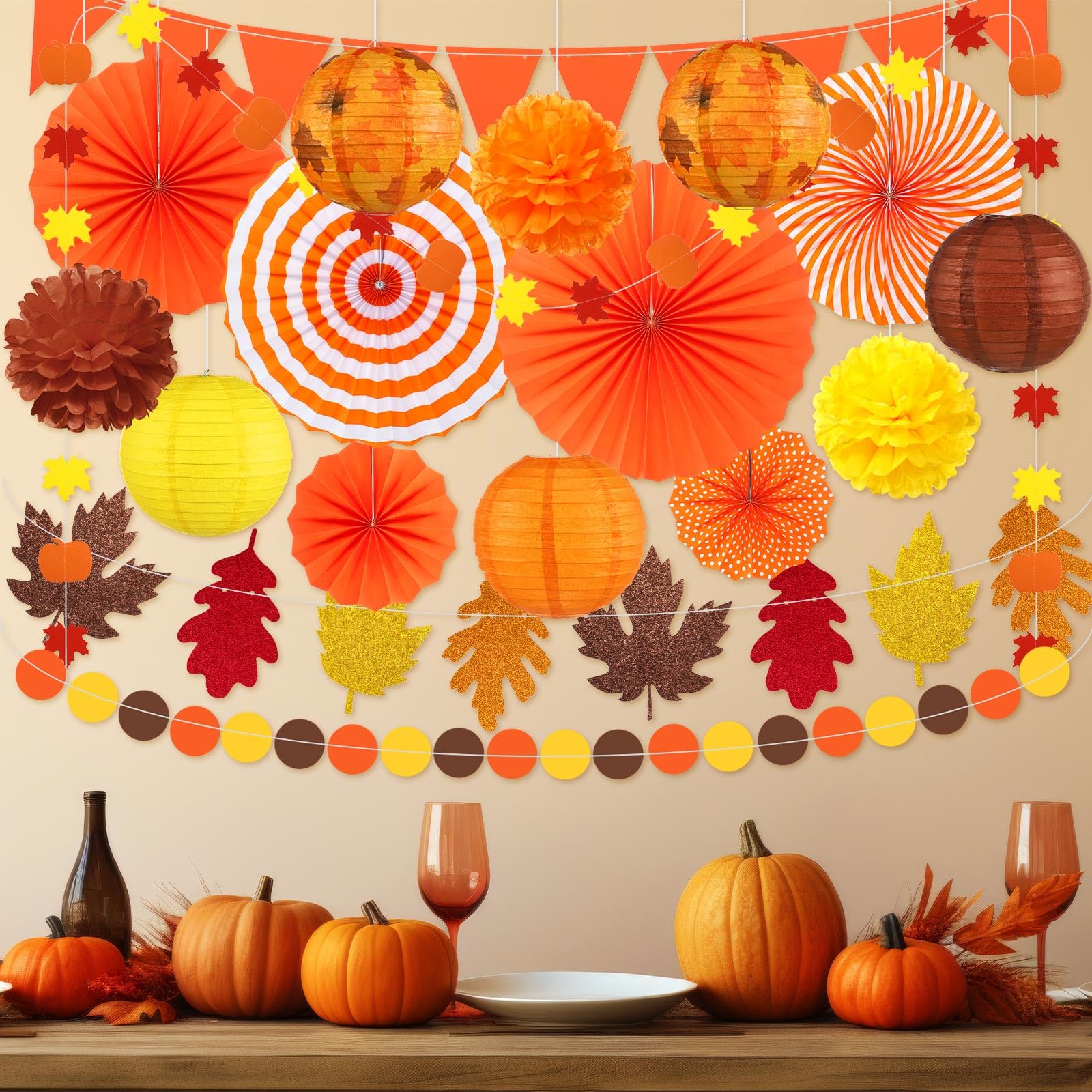 Yexiya 18 Pcs Thanksgiving Fall Party Decoration Includes Fall Paper Lanterns Autumn Paper Fans Pompoms Maple Leaf Garlands Flower Balls Hanging Ceiling Decorations For Thanksgiving Harvest Wedding