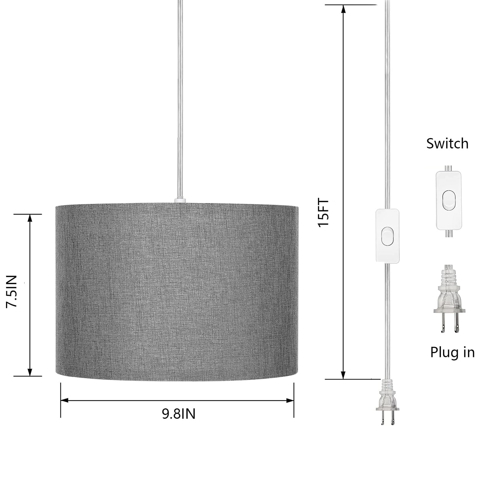 Zslaifu 15Ft Hanging Lamp With Switch,Gray Hanging Lights With Plug In Cord, Pendant Lamp With Remote Control, Bulb Included, Pe