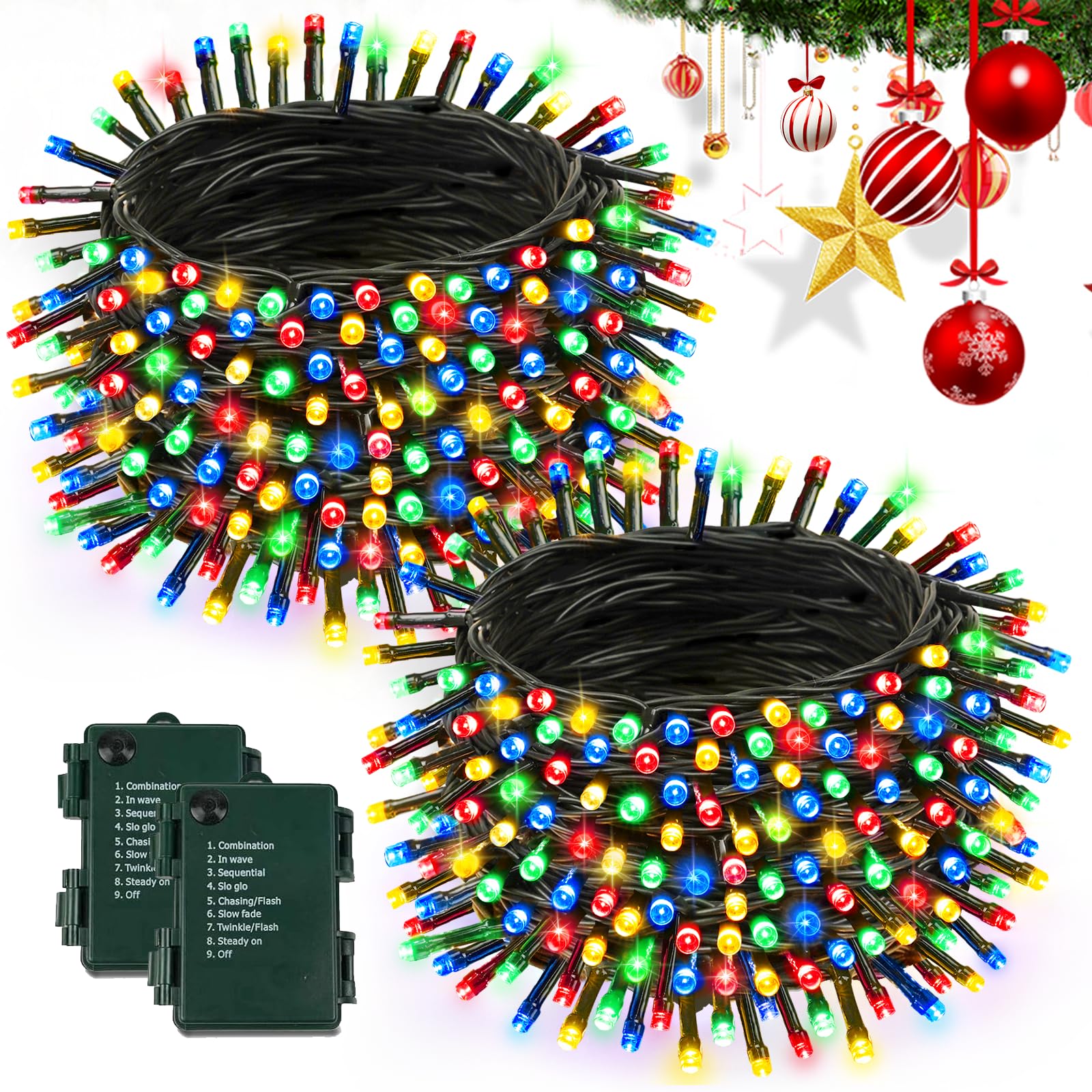 2 Pack Battery Operated Christmas Lights With Timer  66Ft 200 Led Waterproof Battery Twinkle Light  8 Modes Green Wire Fairy Lights For Indoor & Outdoor Bedroom Tree Christmas Decorations (Multicolor)
