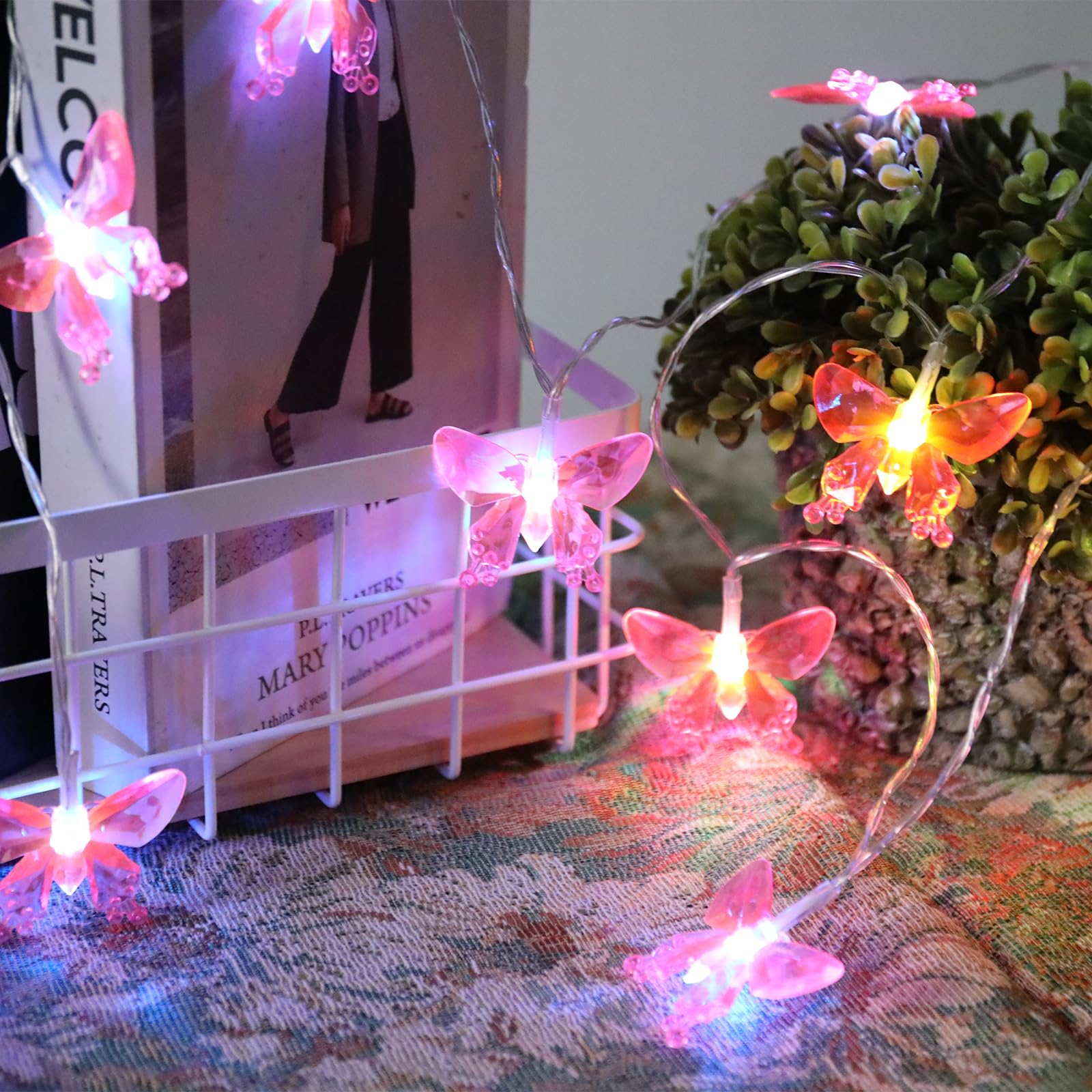 Vigdur 2 Pack Solar Butterfly String Lights Outdoor, 10 LED 2-Color (Purple & Pink) Butterfly Fairy Lights, IP44 Waterproof for 