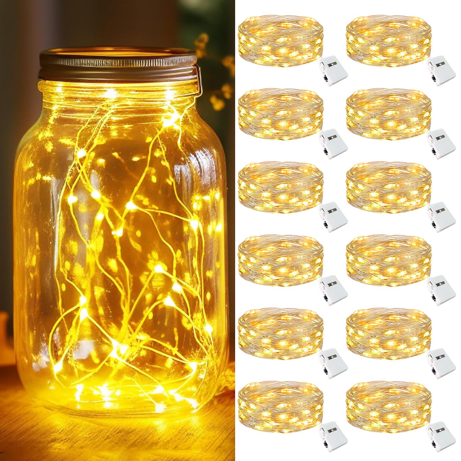 kolpop LED Fairy Lights, 12 Pack Mini Twinkle String Lights, Battery Operated, Waterproof, Warm White