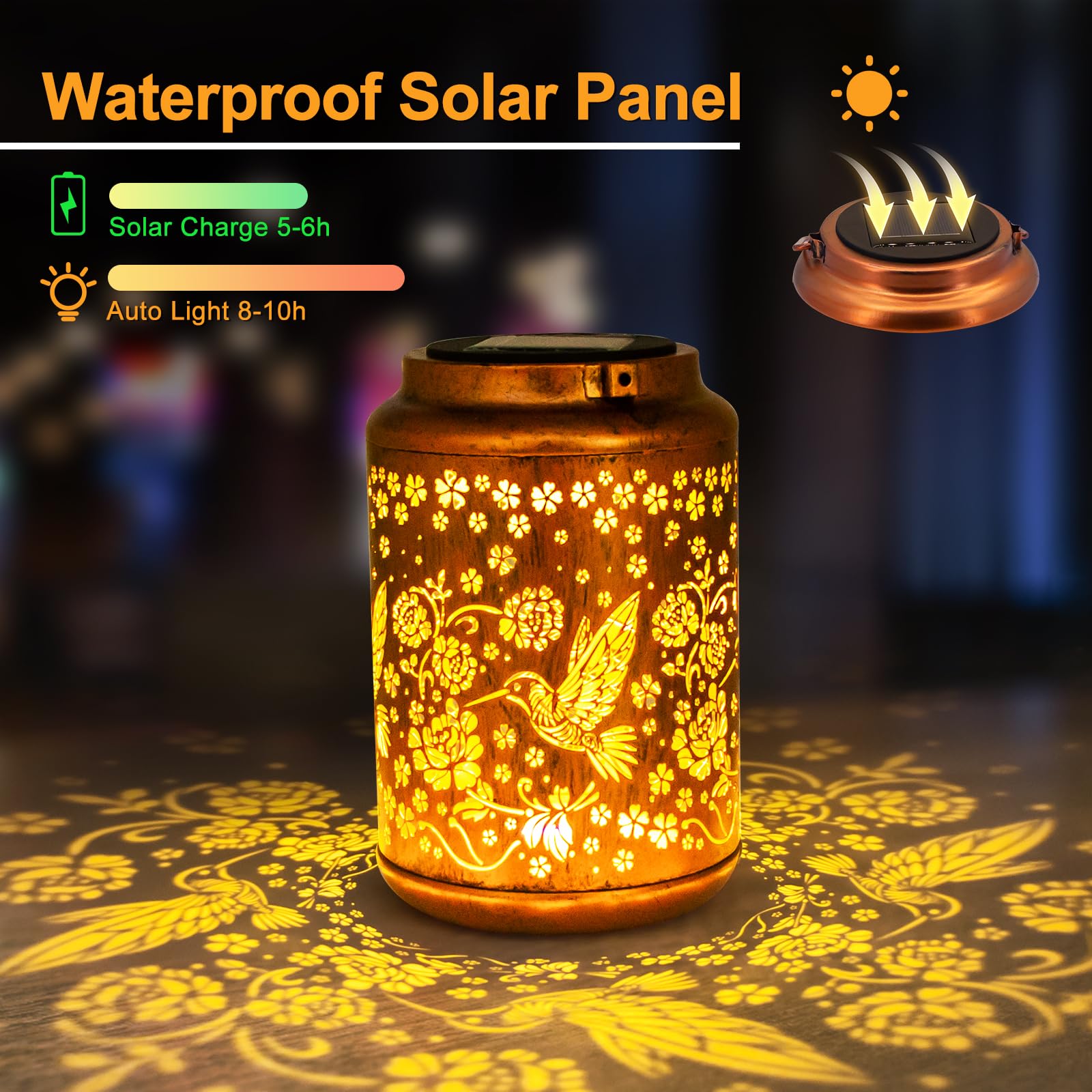 YISITEONE 2 Pack Hummingbird Solar Lanterns, Waterproof Metal Hanging Lights for Garden, Brown, Model ES0425ES00008