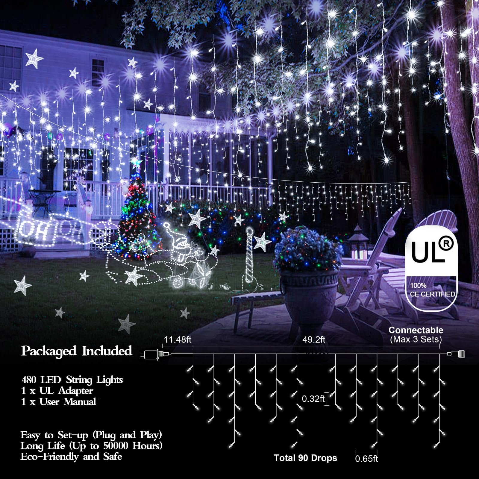 Flvoecn 480 Led Christmas Lights, 49Ft Cool White Indoor/Outdoor, Waterproof, 8 Modes, Timer, Dimmable, Model Bg-Cl3M3-306L