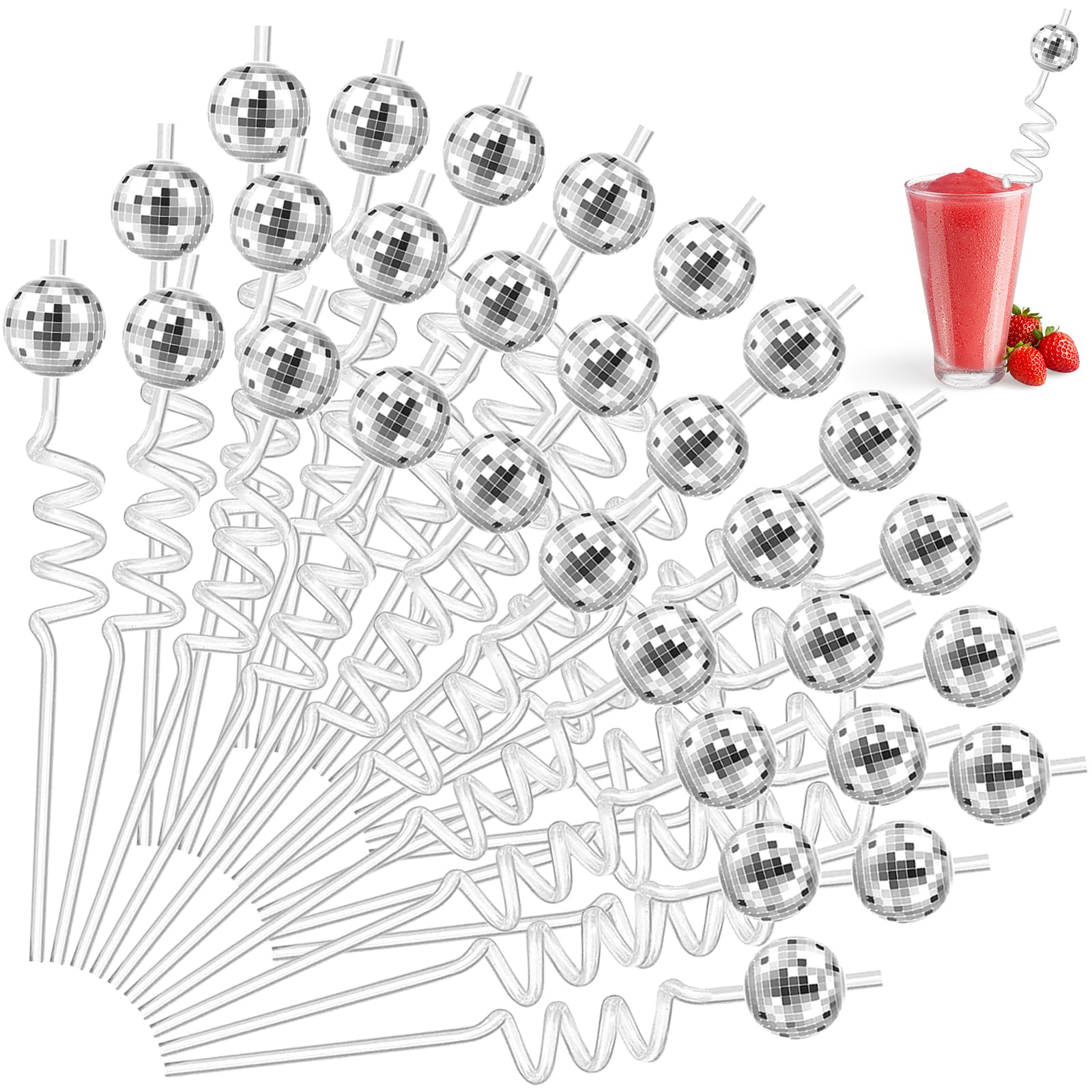 36 PCS Disco Ball Straws, Silver Mirror Ball Straws, Disco Reusable Plastic Straws, Mini Disco Straw Decor for 70s Disco Party D