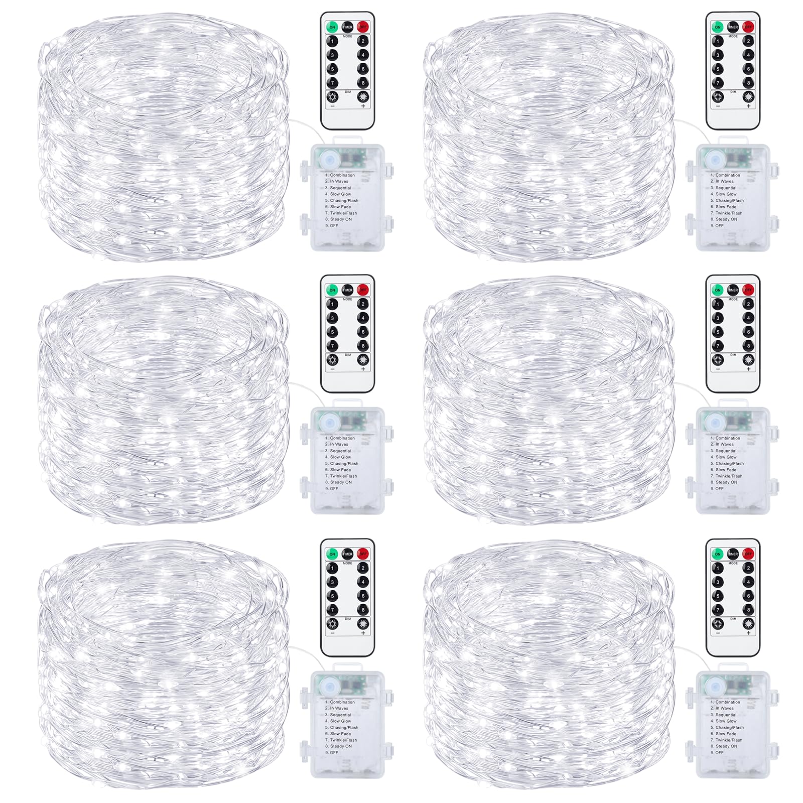 Mlambert 6 Pack 33FT Fairy Lights Battery Operated with Remote and Timer, Waterproof Dimmable 8 Modes Lights for Classroom Backyard Party-Cool White