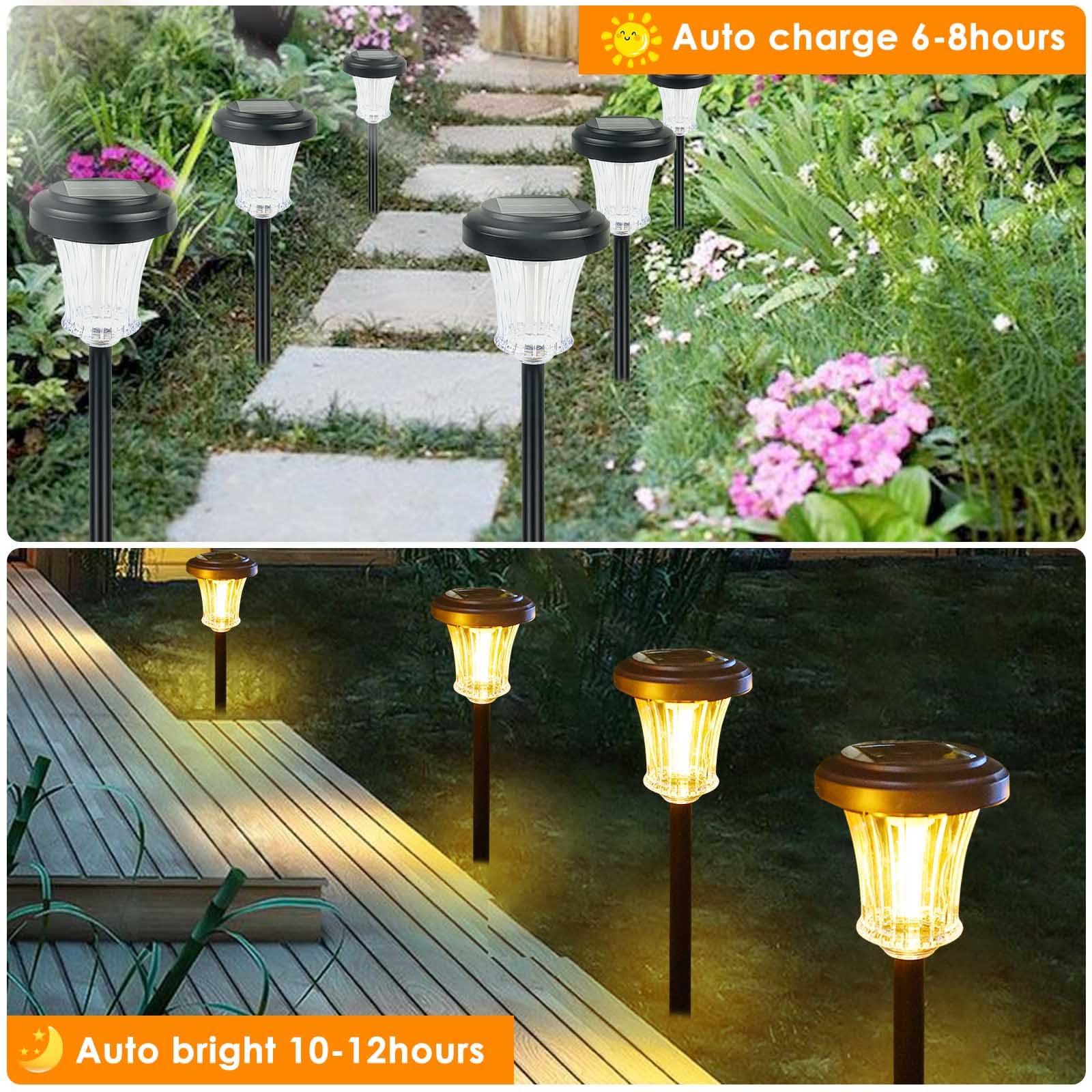 IDEAALS 8Pk 2 Modes(Steady on/Flickering) Solar Lights Outdoor Pathway, Solar Garden Lights, Auto On/Off Torch Lights with Flick