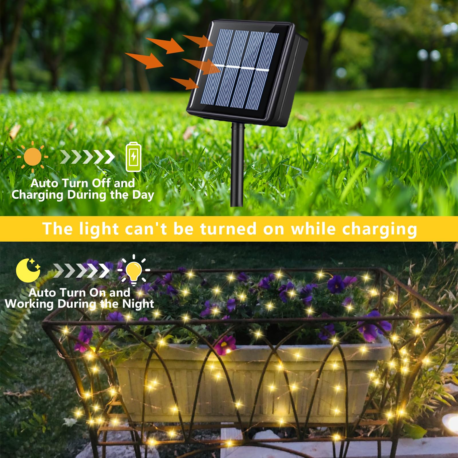 QITONG Solar Fairy Lights - 2 Pack 66ft 200 LED Warm White Waterproof String Lights with 8 Modes, Silver Wire