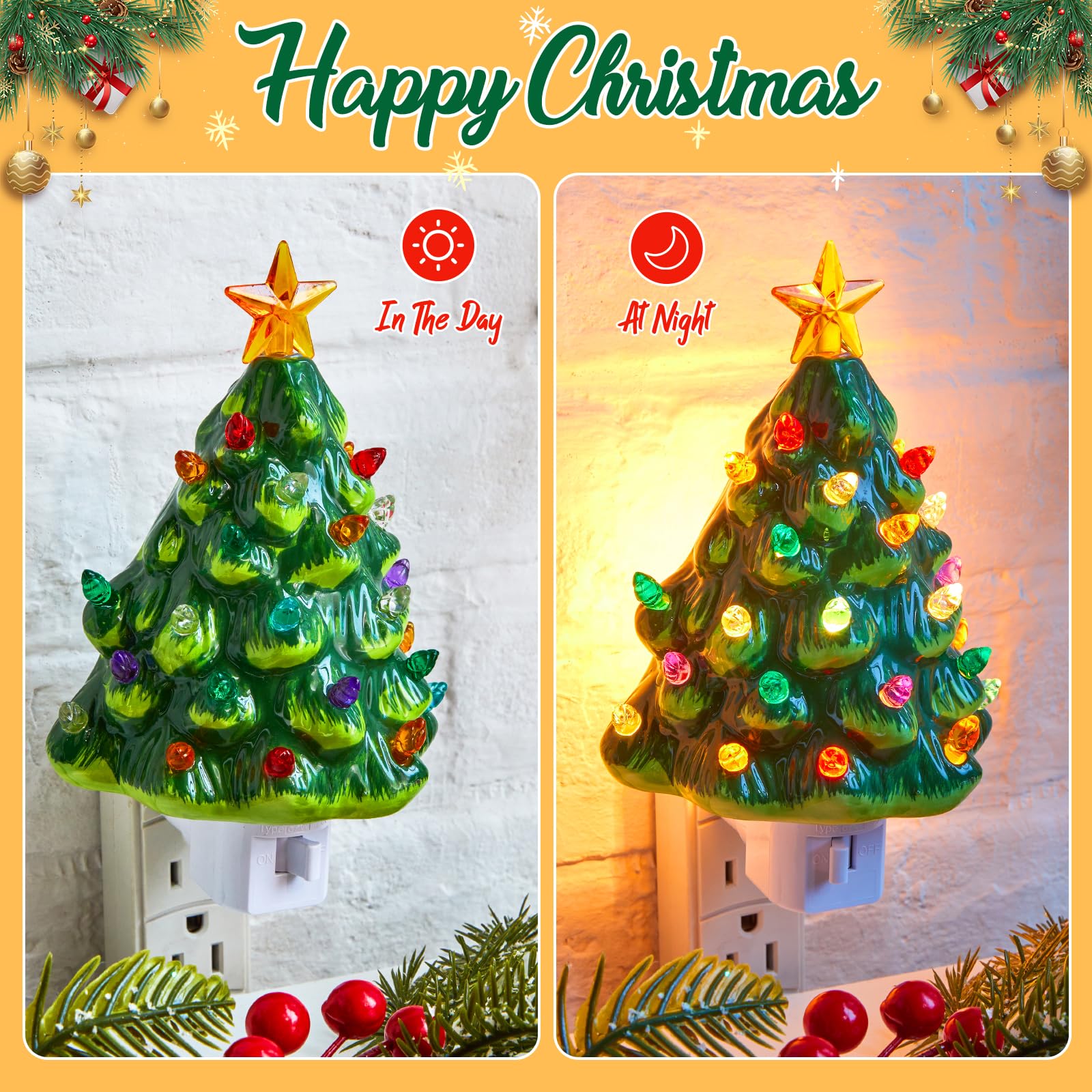 Brightown Ceramic Christmas Tree Night Light - 6in Vintage Decor, 2 Pack, Green and White, ON/Off Switch for Holiday Home Decor