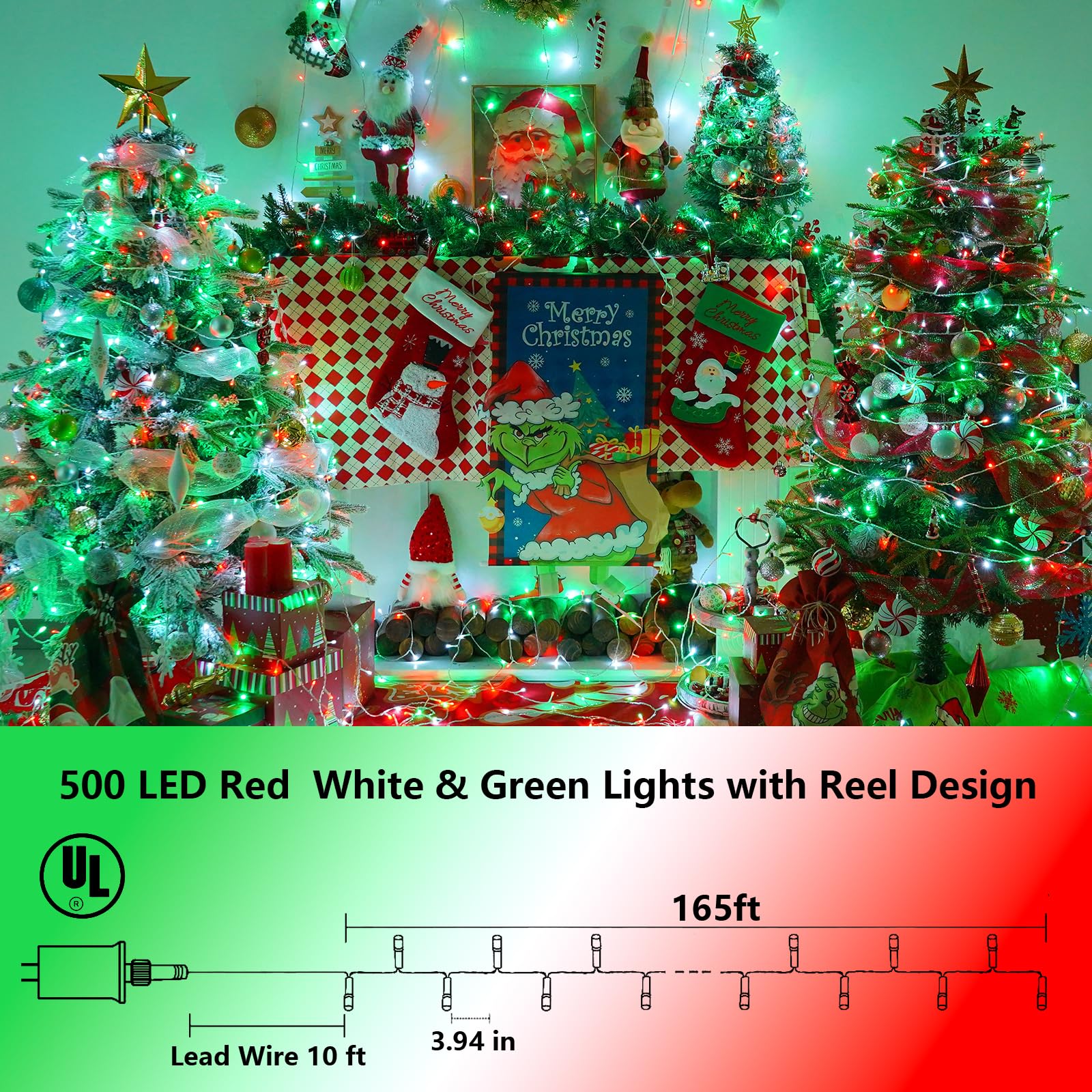 Yeguo 165Ft 500 Led Christmas Lights Outdoor Waterproof  Clear Wire String Lights Indoor Plug In  8 Modes Clear Wire Twinkle Tree Light For Xmas Party Garden(Red White And Green)