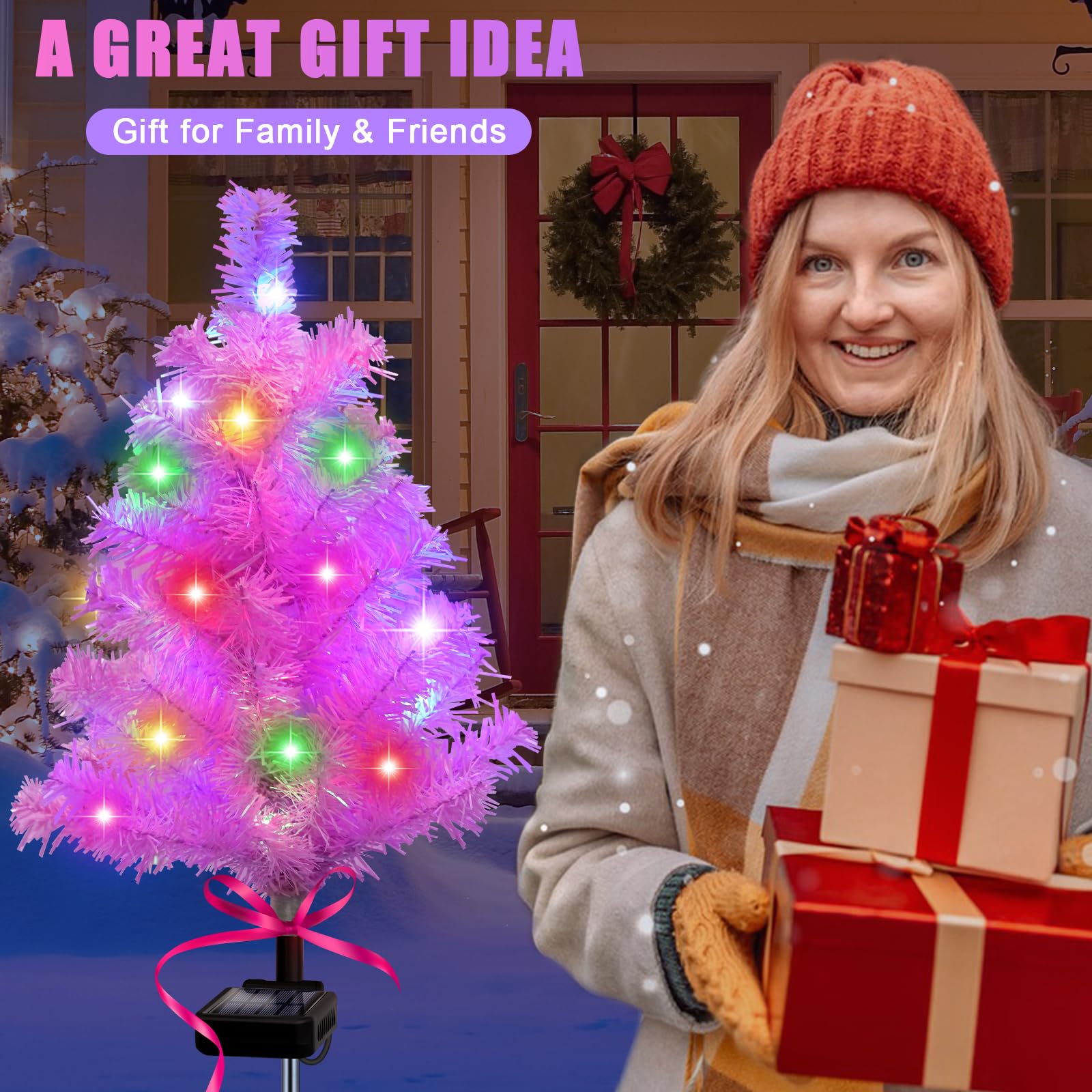 4 Pack Pink Solar Christmas Tree Garden Stake Light Waterproof Outdoor Christmas Decorations 2 Modes Solar Christmas Lights For Yard Front Porch Pathway Gave Garden Decor