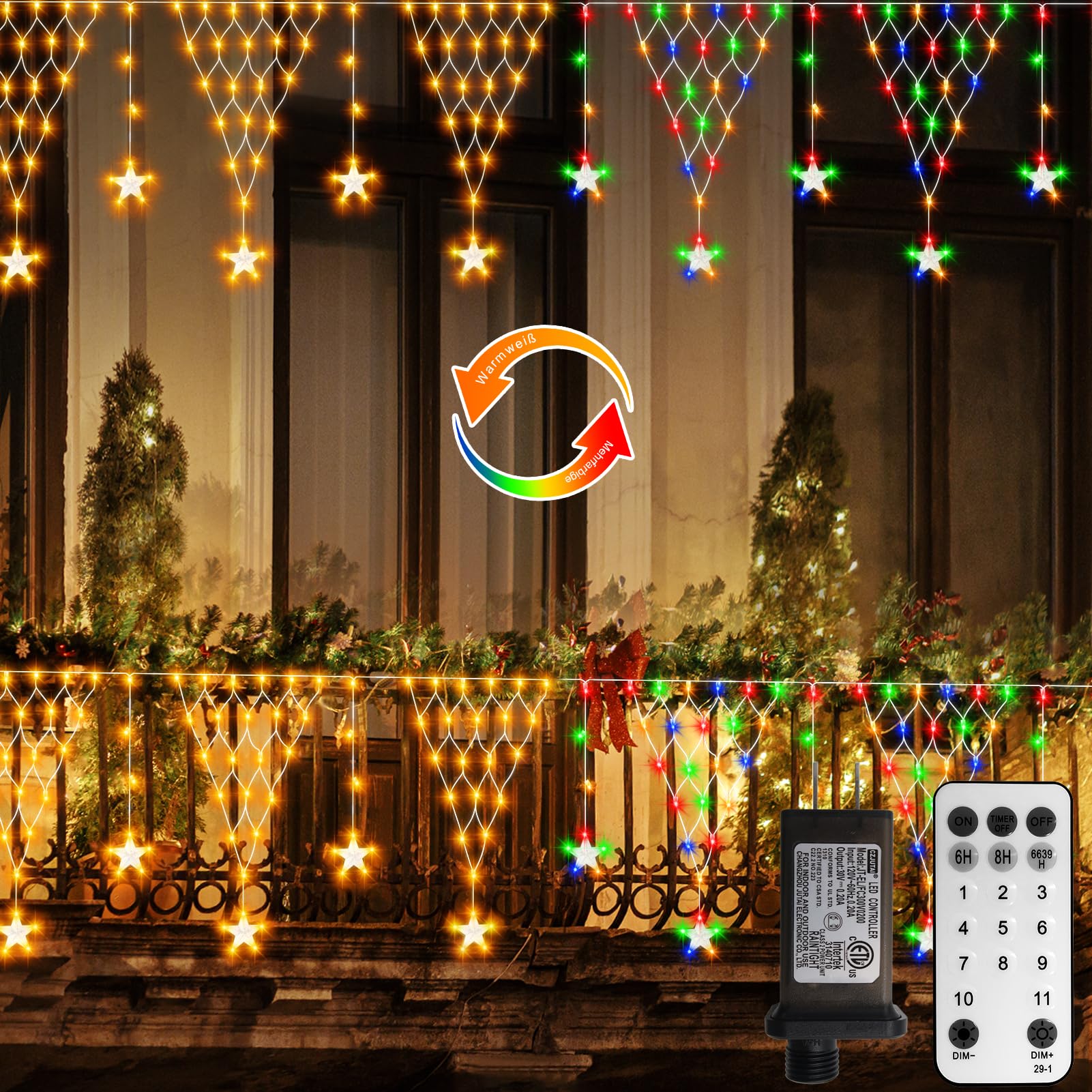 DBFAIRY Christmas Star Net Lights, 196LED, Dual Color Changing, 13.1x1.9Ft, Waterproof, Plug-in, Warm White & Multicolor, Model DMO