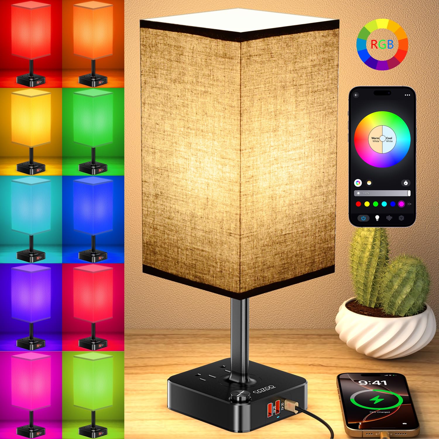 Rgb Table Desk Lamp With 16 Million Colors & Music Sync | Smart Color Changing Nightstand Light Stepless Dimmable Warm-Cool White + Usb Charging Ac Outlets For Gaming Home Office Bedroom Mood Lighting