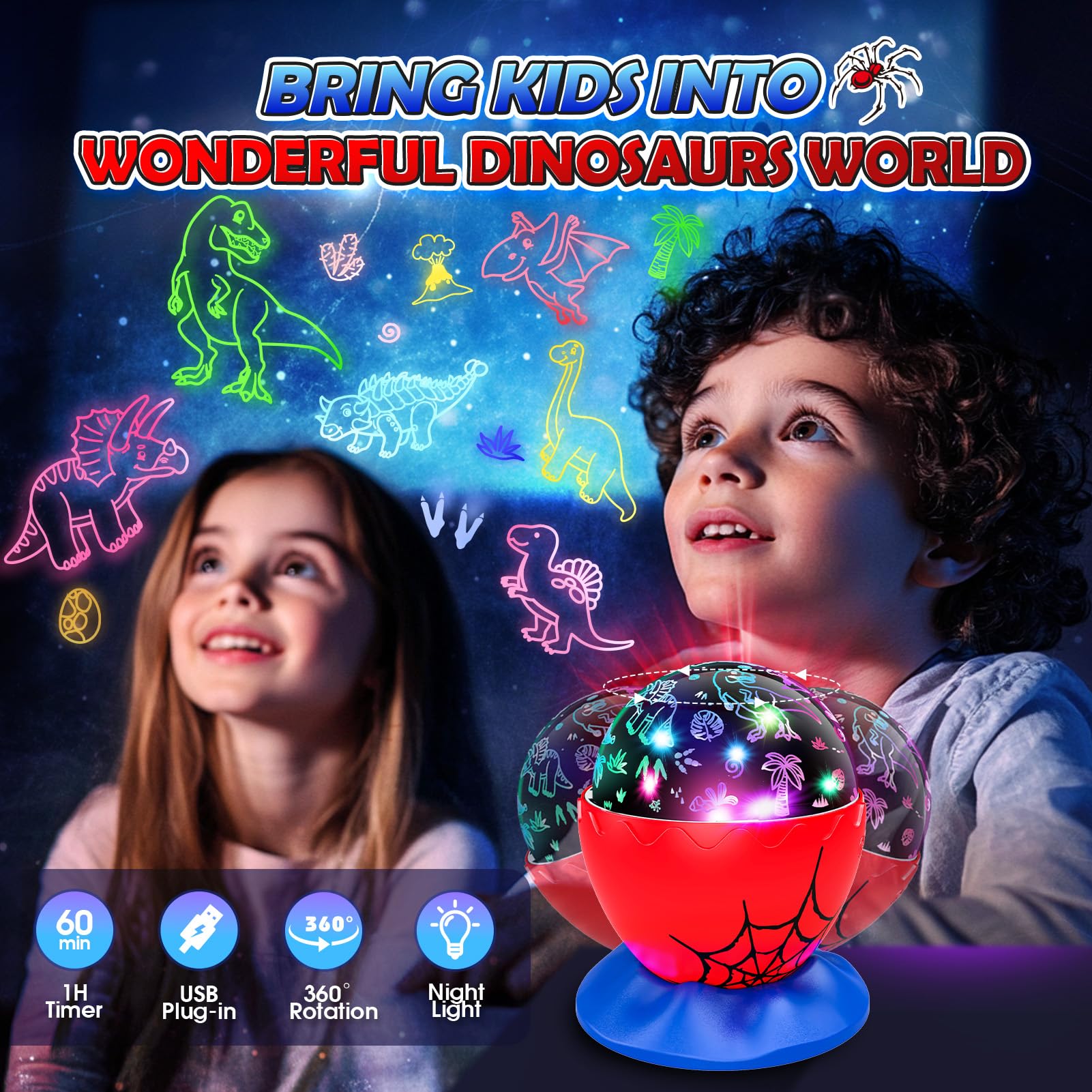 Spider Egg Night Light Projector For Kids: Night Lights Toys For 3-5 6 7 8 9 10 11 12 Year Old Boys, 2-In-1 Dinosaur & Star Proj