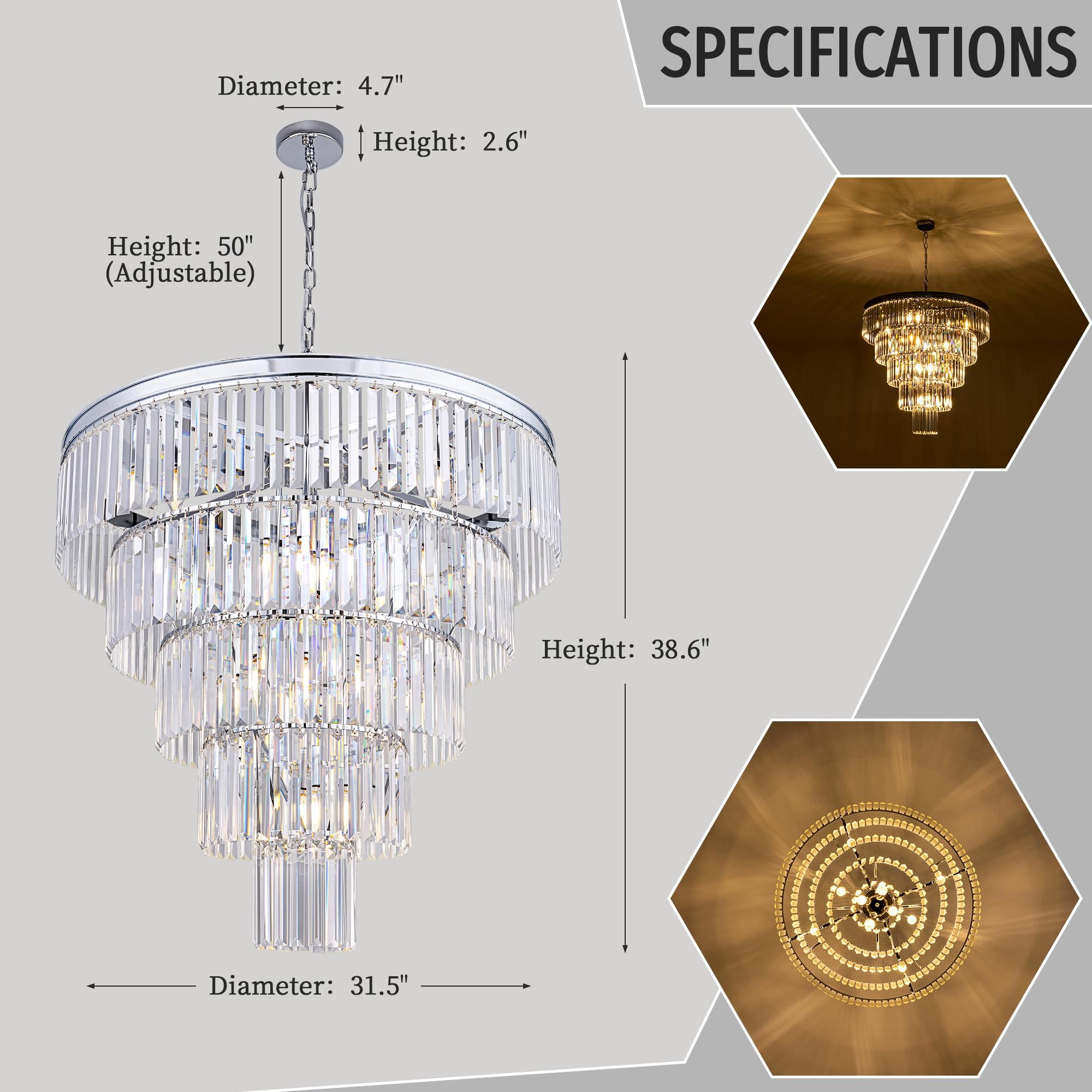 TOCHIC 10-Light Crystal Chandelier, 31.5" Chrome, 5-Tier Modern Raindrop Ceiling Light for Bathroom, Staircase, Dining Room, Foyer