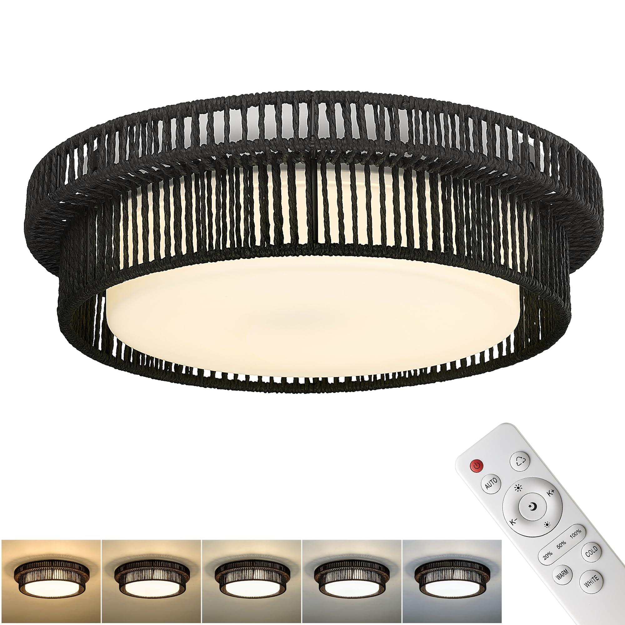 HWH INVESTMENT Black Rattan Ceiling Light, 24W LED Flush Mount, 15.7 Inch, Model 5HYS78MF-LED BK, Boho Twine Coastal Lighting