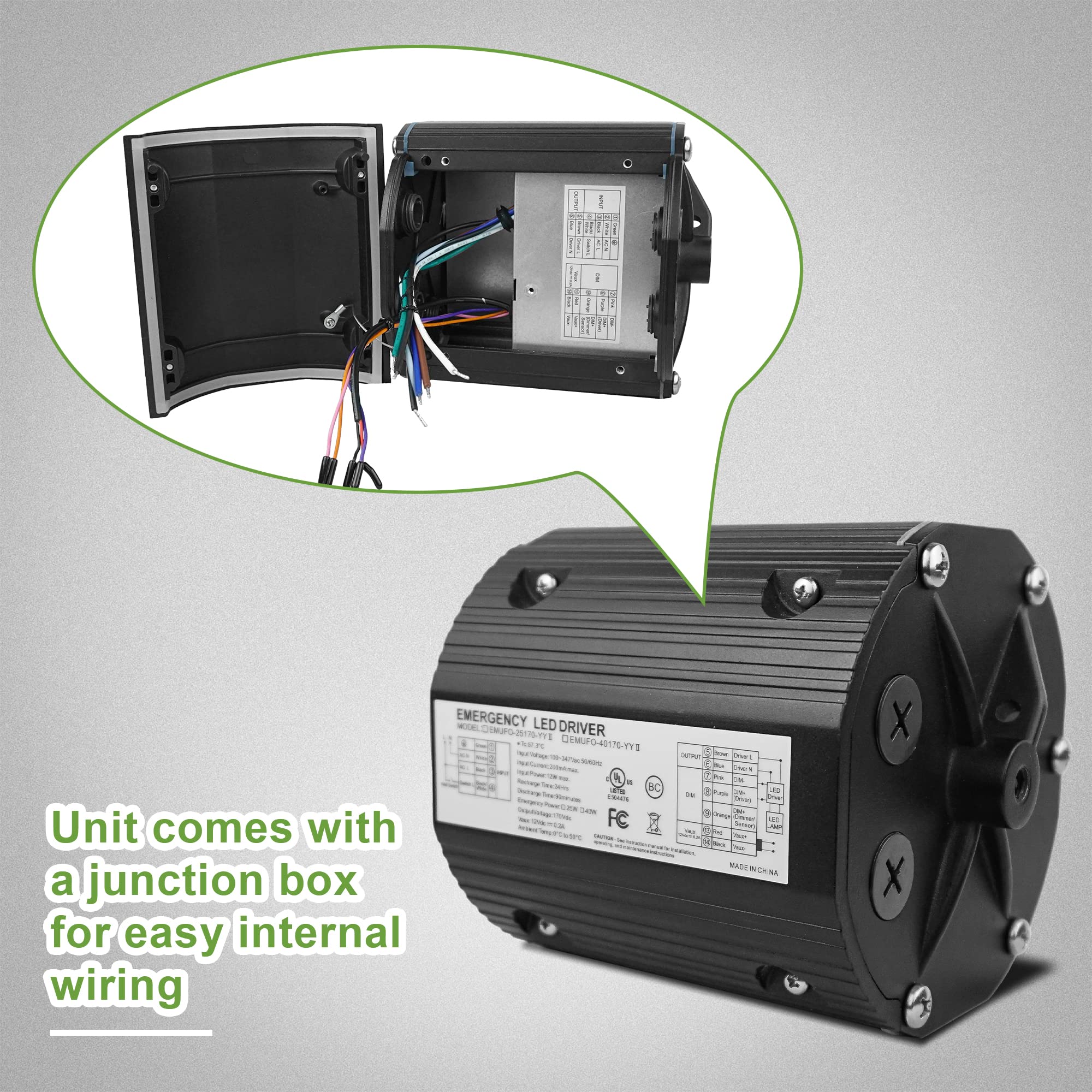 40W Led Emergency Backup Driver, Rechargeable Battery For Dimmable Ufo High Bay Light, Ac 100-347V To Dc 170V, 90-Min Emergency