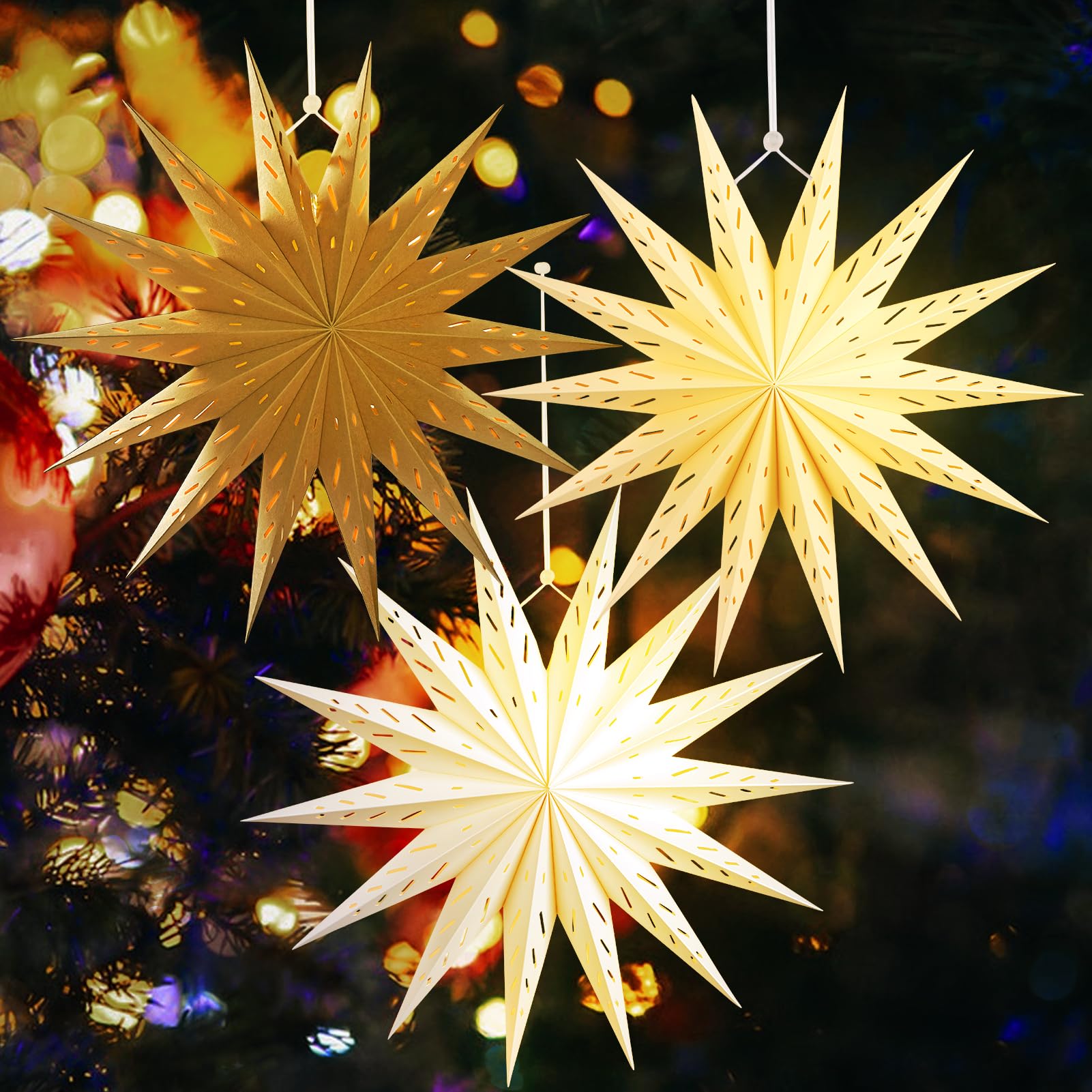 SUNBEAUTY 14-Pointed 18 Inch Hollow Out Paper Star Lanterns Brown White Christmas Lanterns Hanging Lamp Paper Decorations Shade 