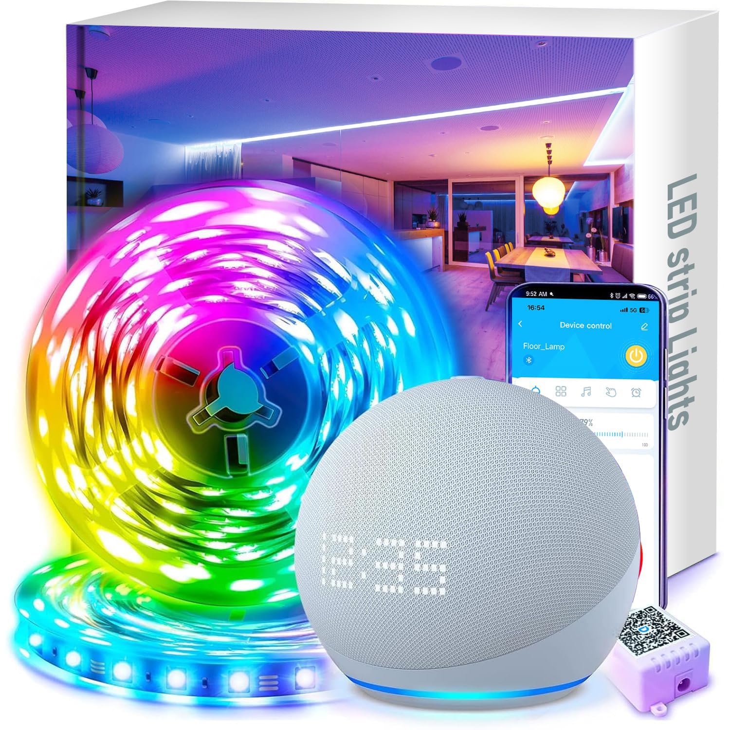 TJOY 100ft Smart Led Band Lights for Bedroom  Compatible with Alexa  RGB Color Changing Music Sync Led Lights with App Remote Multi-Color Wireless Led Band Lighting for Bedroom (APP+Remote+Voice)