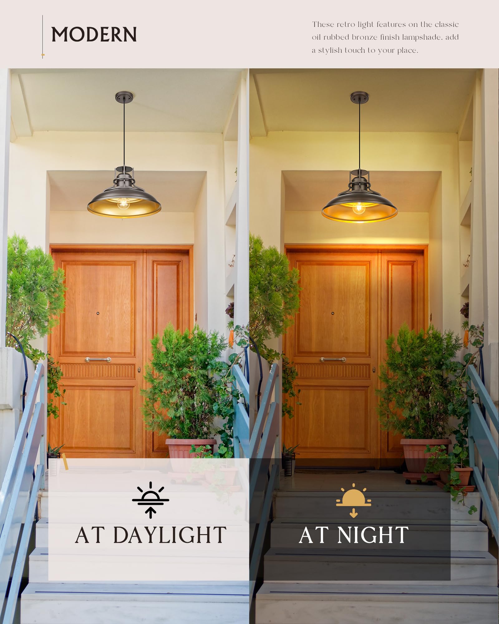FEMILA 18" Outdoor Pendant Light, Farmhouse Hanging Fixture, Oil Rubbed Bronze, Adjustable Height, Model 4FY15-MP-L ORB