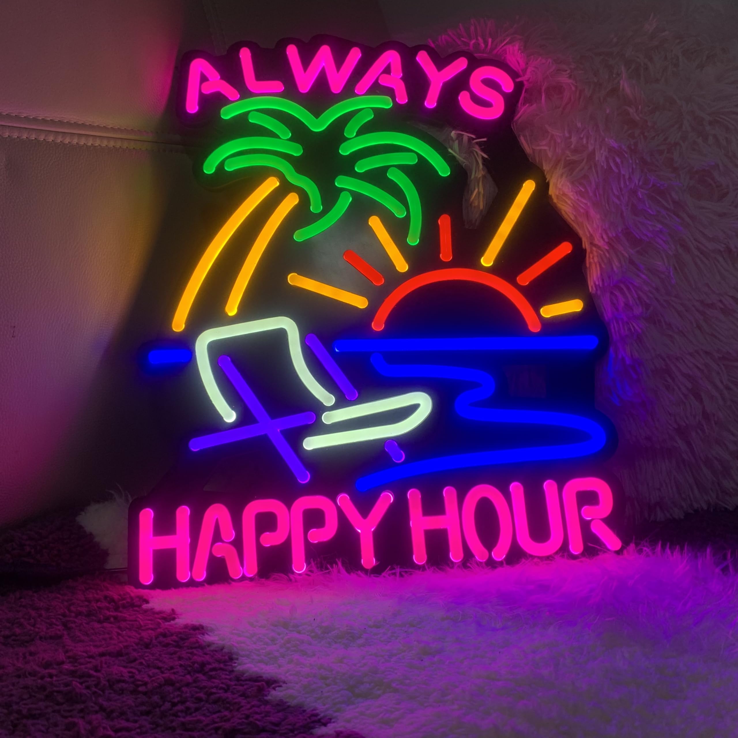 Jigsaw Puzzle 40Pcs Happy Hour Neon Light Sign  Man Cave Men Led Light  Home Wall Signs Gifts  Decorations  Palm Tree  Beach  Sun  Tiki Bar  Garage  Accessories  Cart  Party  Bedroom  Led Sign  Lights Sailboat