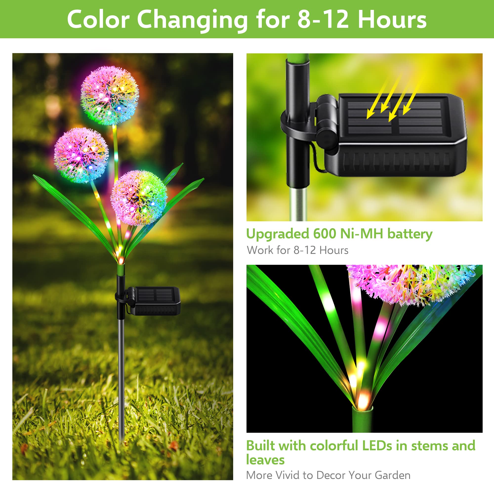 Bonlion 2 Pack Solar Dandelion Lights - 36 Led Waterproof Colorful Garden Decor