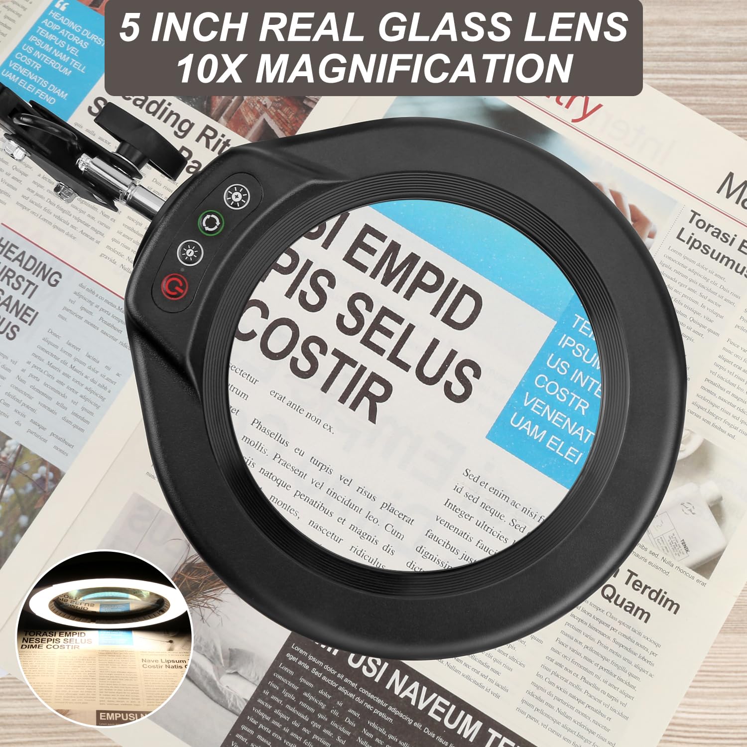 Veemagni 5 Inch Magnifying Glass With Light, 8X Magnifier, Stepless Dimmable, Black, Model Z8-118, Hands-Free Desk Lamp
