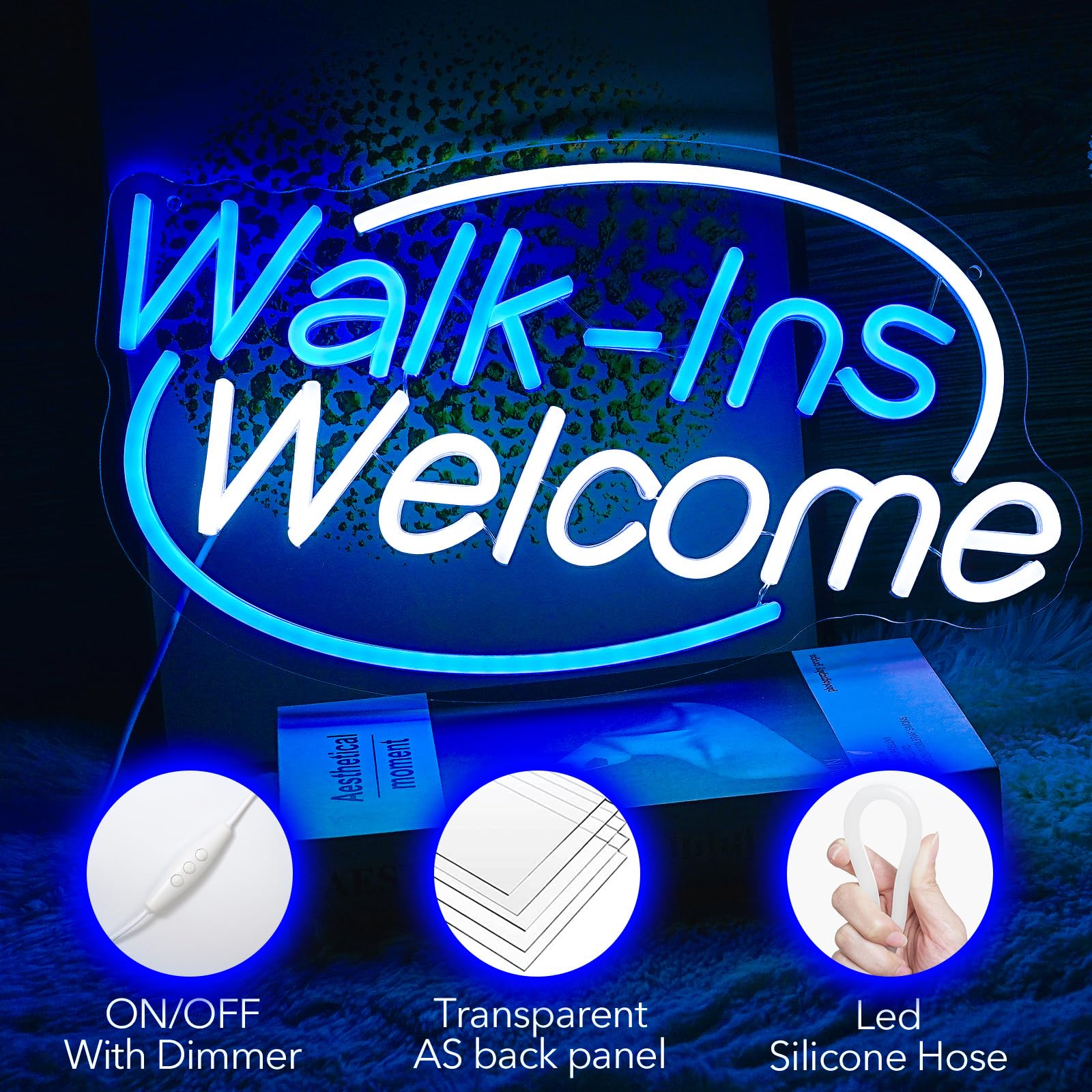 Noasktt Walk-Ins Welcome Neon Sign, Blue + White LED, 16.5x9.4in Acrylic Wall Decor for Game Room, Bedroom, Restaurant, Party