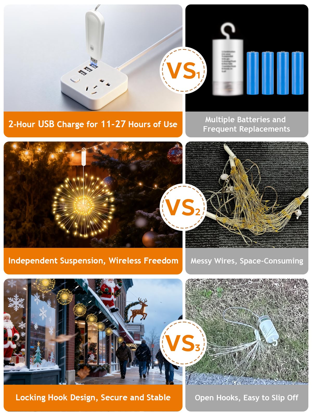 FOOING LED Firework Lights, 4 Pack USB Rechargeable Fairy Lights, 8 Modes, White, Model LH-CD-USB-YHD-004