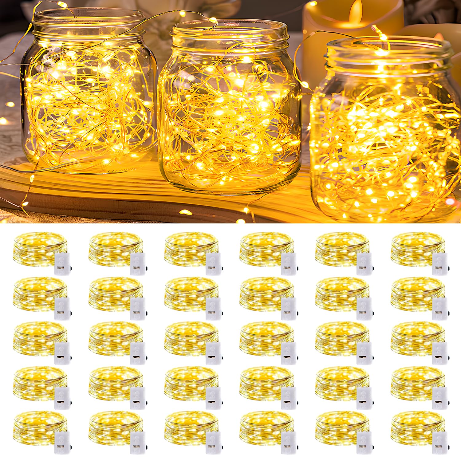 30 Pack Led Fairy Lights Battery Operated 7Ft 20 Led Waterproof Mini Twinkle String Lights Battery Powered For Christmas Mason Jars Party Warm White