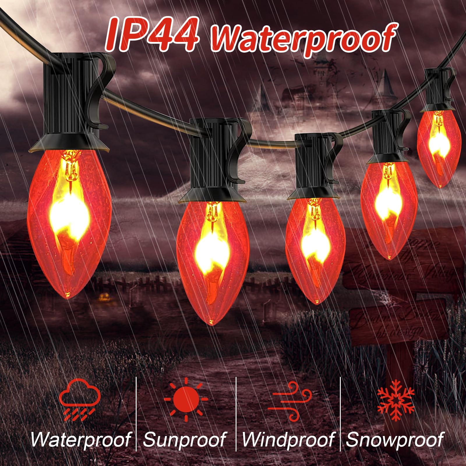 Doratale 25Ft C7 Orange Halloween Flickering Flame Lights, Waterproof Connectable, Glass, E12 Base, Clear Flame